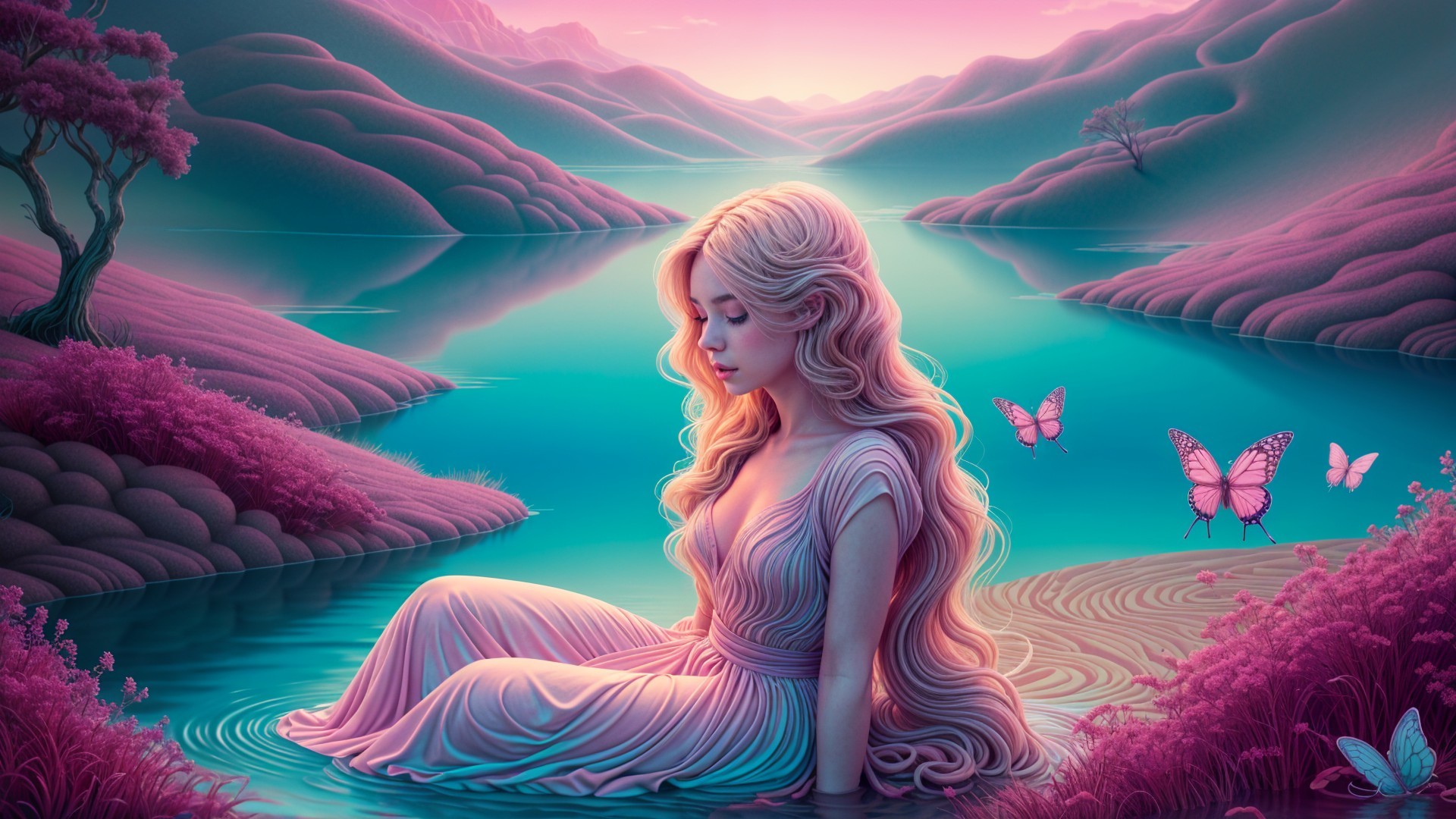 Serene Landscape with Hills, Lake, and Butterflies