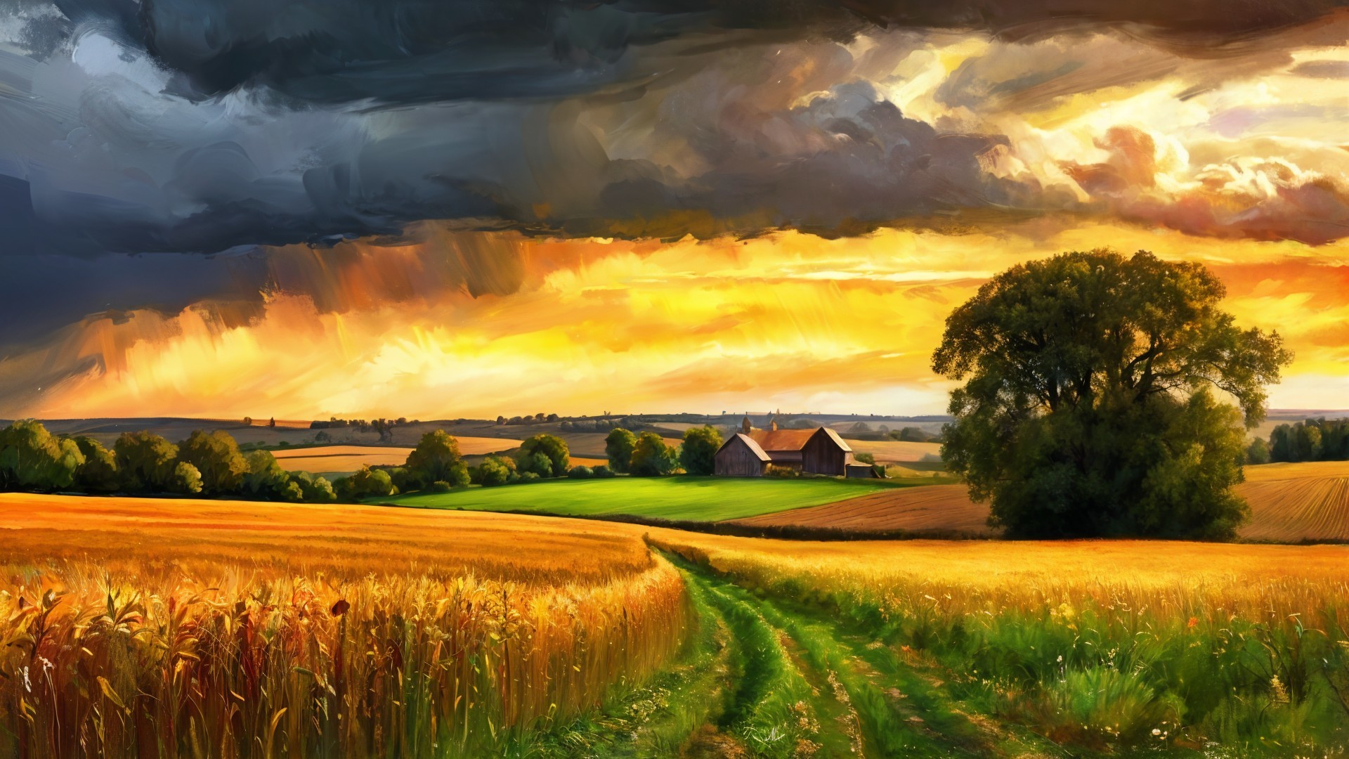 Tranquil Golden Field Landscape with Farmhouse and Clouds