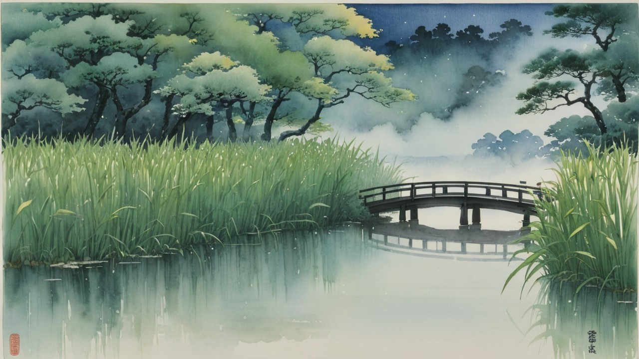 Misty River Landscape with Wooden Bridge and Fog