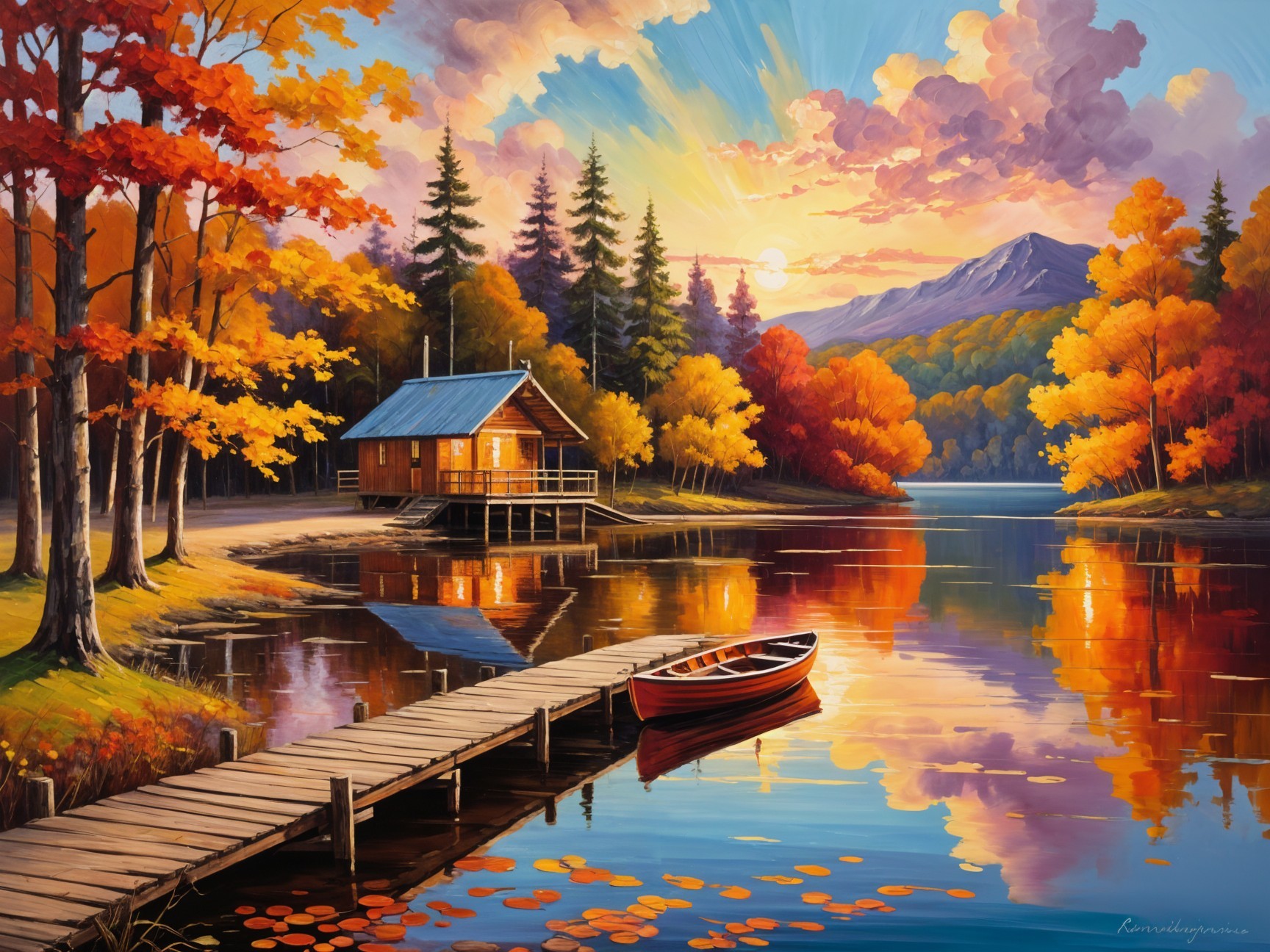 Autumn Landscape with Cabin and Reflective Lake