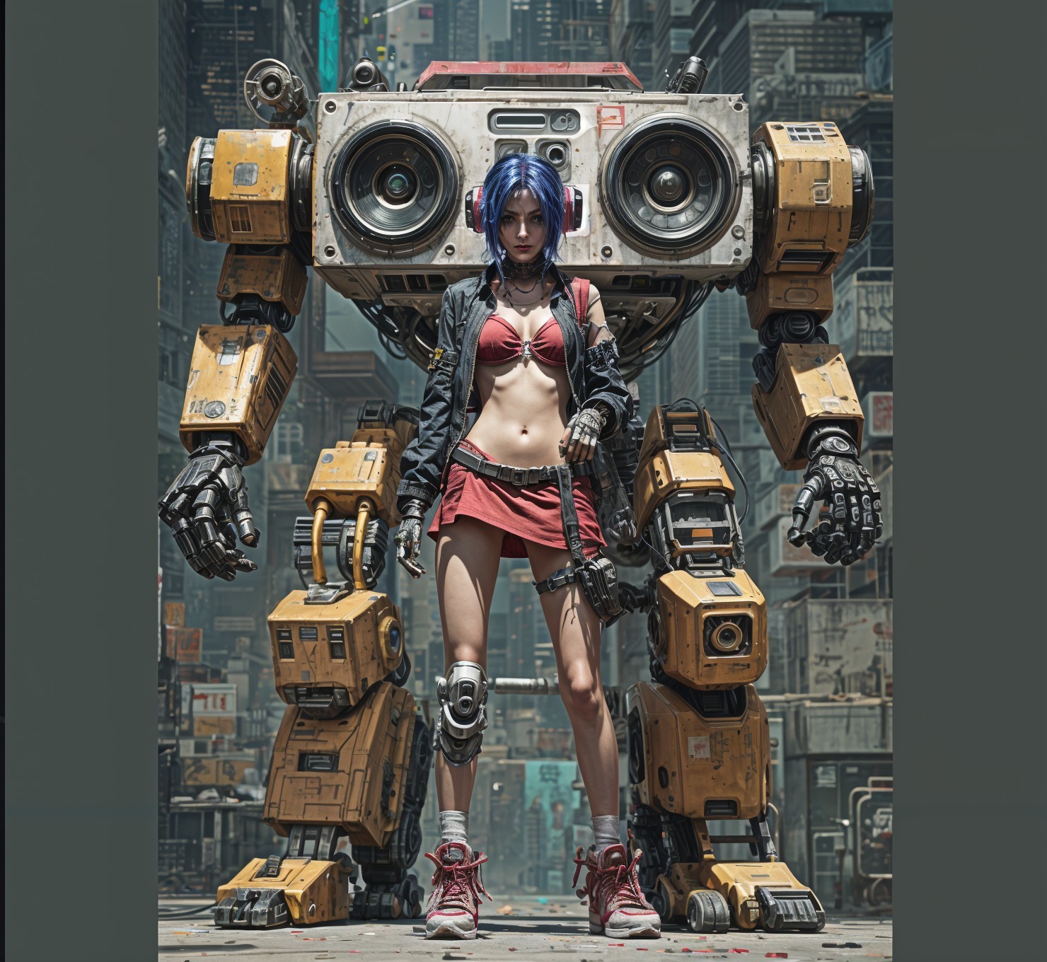 Futuristic Urban Scene with Woman and Armored Robot