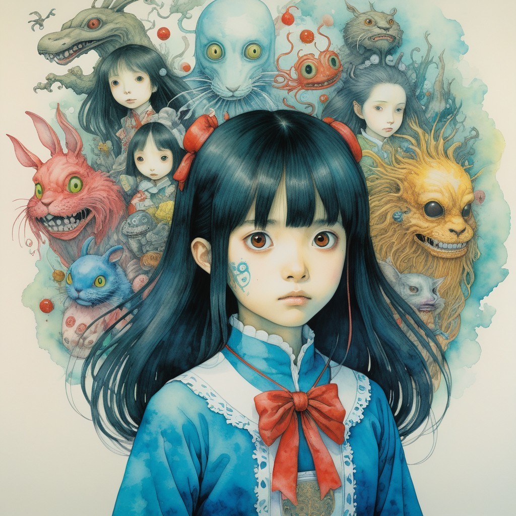 Young girl in blue dress with surreal faces backdrop