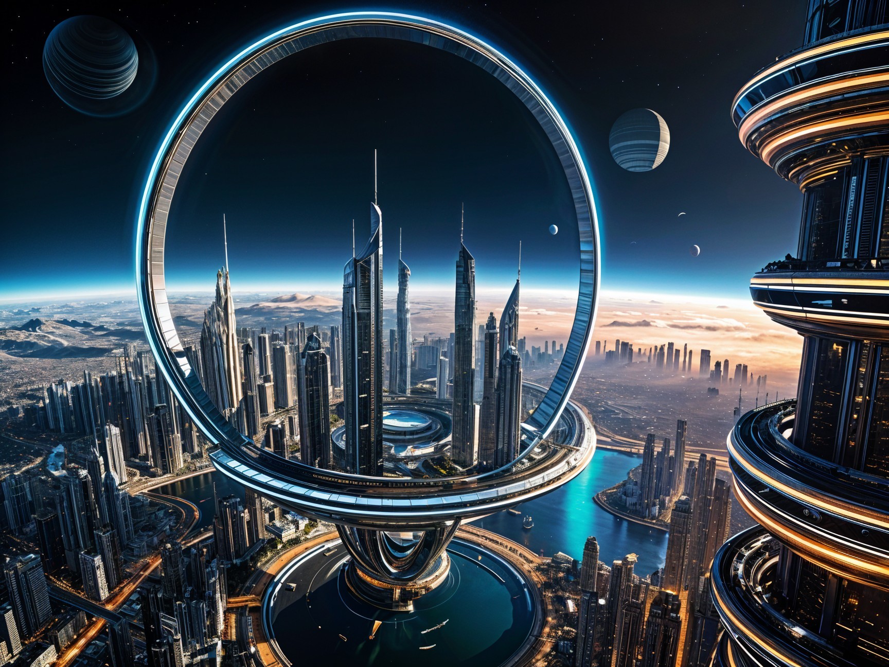 Futuristic cityscape with neon lights and planets