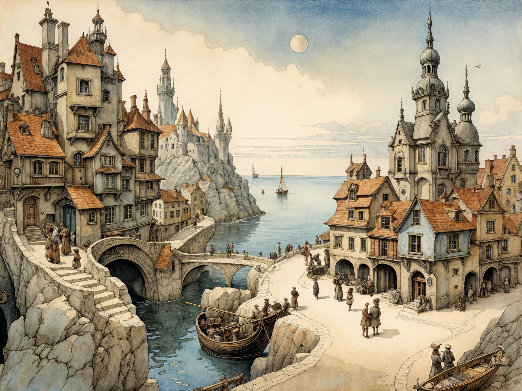 Fantasy Watercolor of a Medieval Port Town on Cliffs