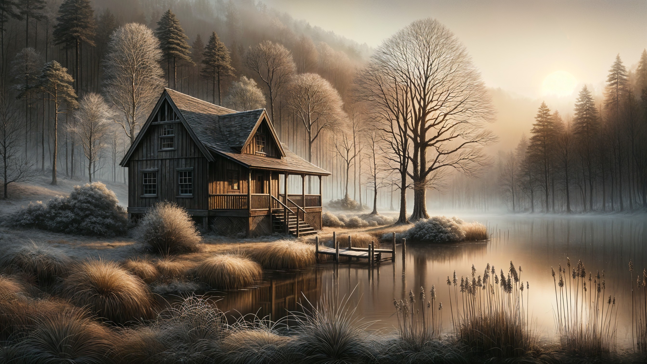 Rustic Cabin by Tranquil Lake in Frosty Landscape