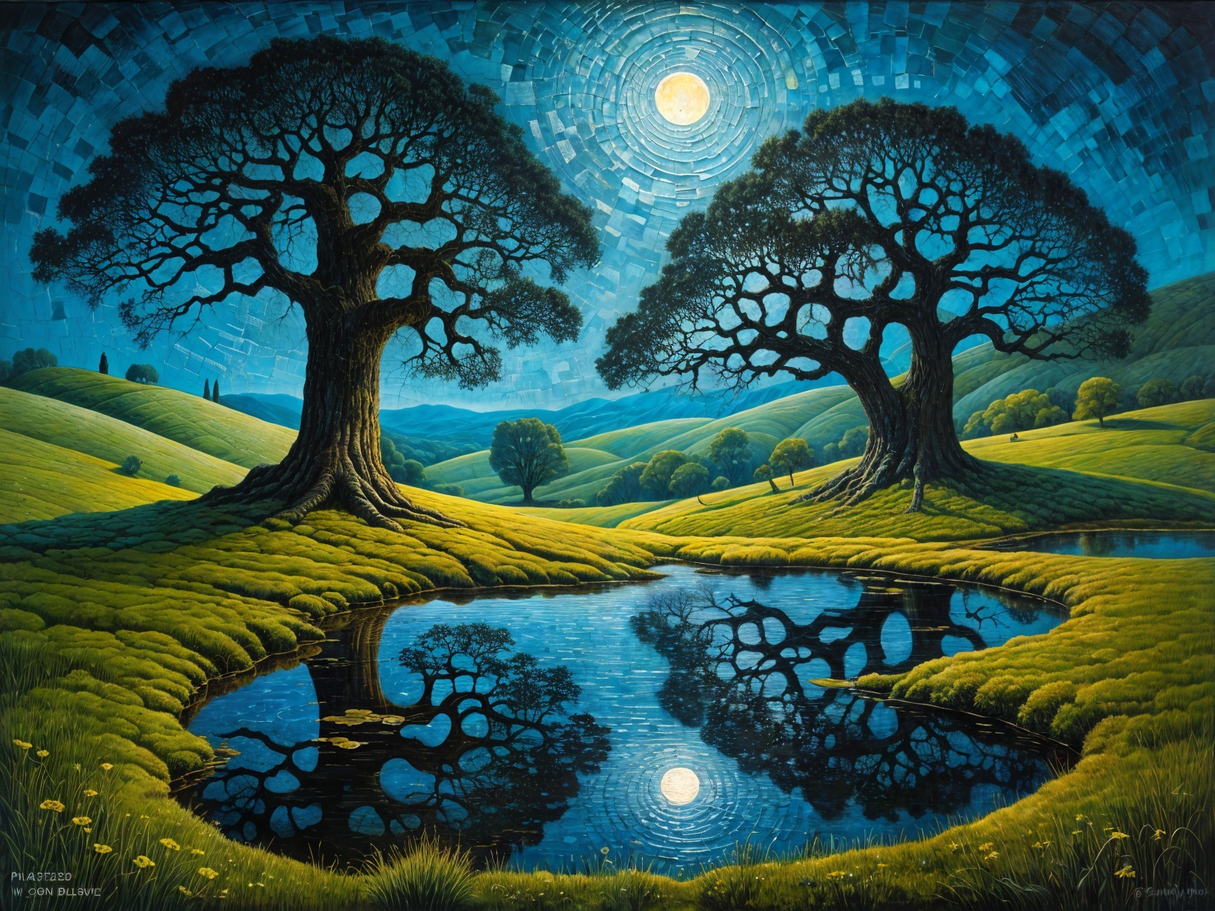 Serene landscape with trees and calm pond at night