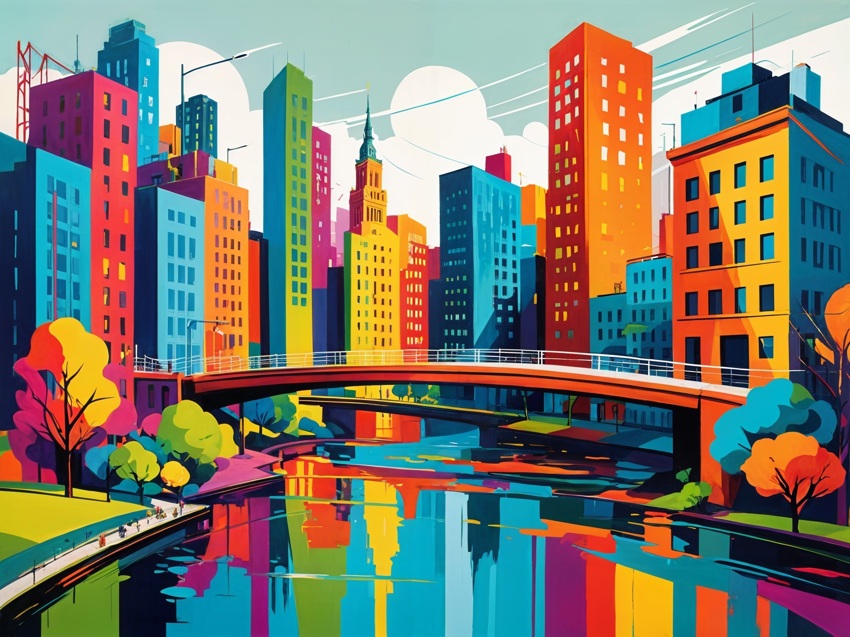 Vibrant Cityscape with Colorful Skyscrapers and River