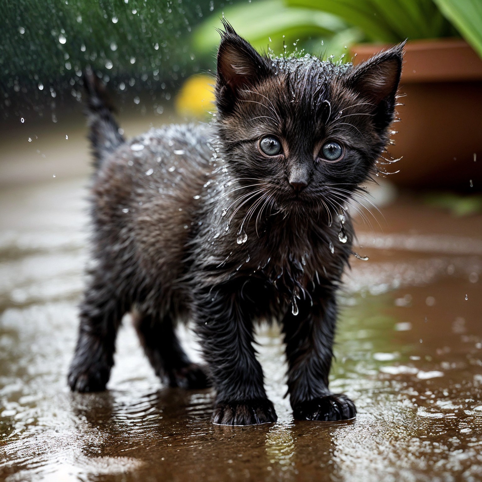 Black kitten on wet surface with blurred greenery background
