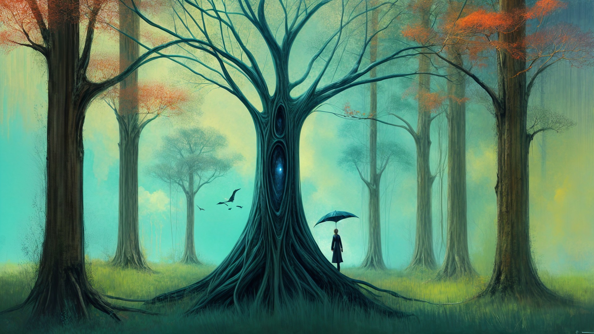 Mystical forest with glowing tree and young figure