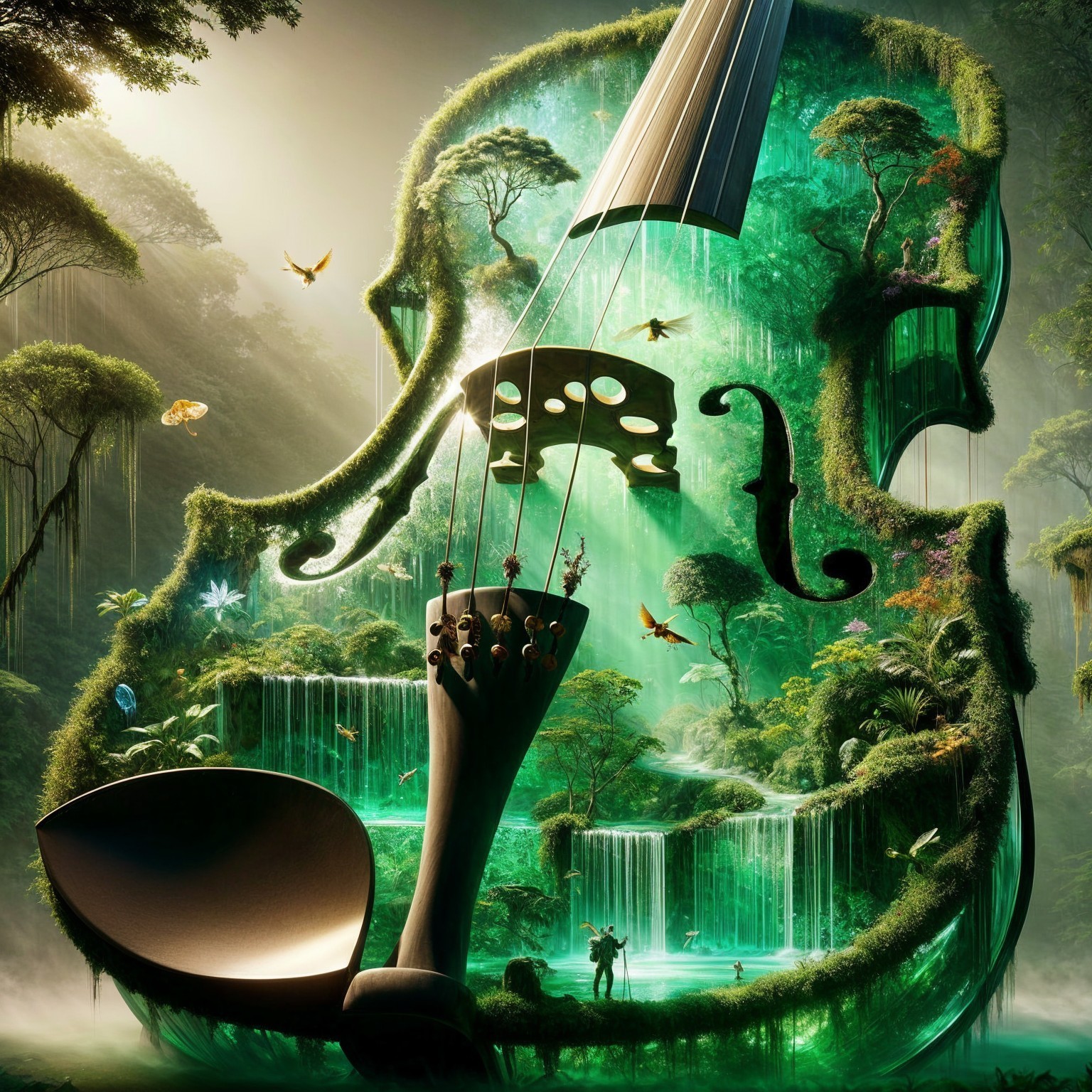 Giant Violin Surrounded by Lush Forest and Waterfalls