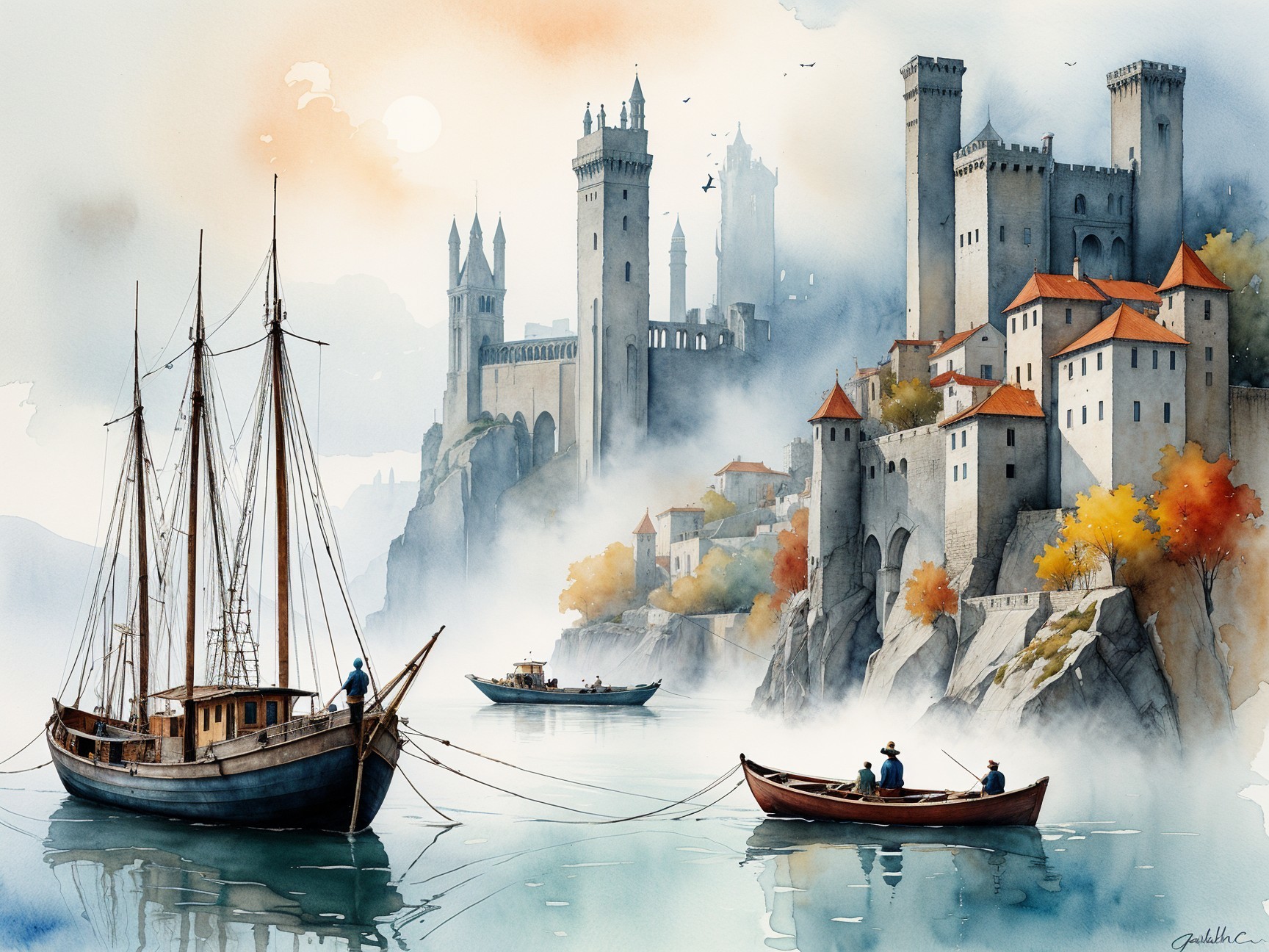 Serene waterfront with sailboats and a castle backdrop