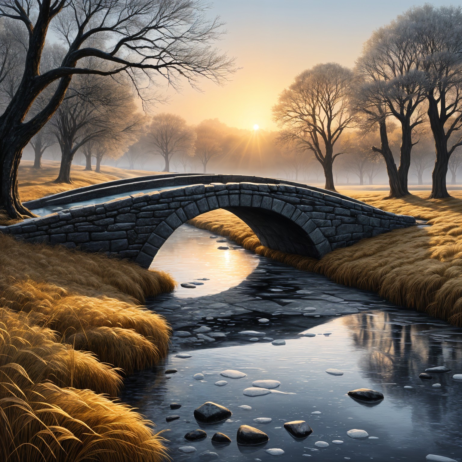 Serene landscape with stone bridge over calm stream