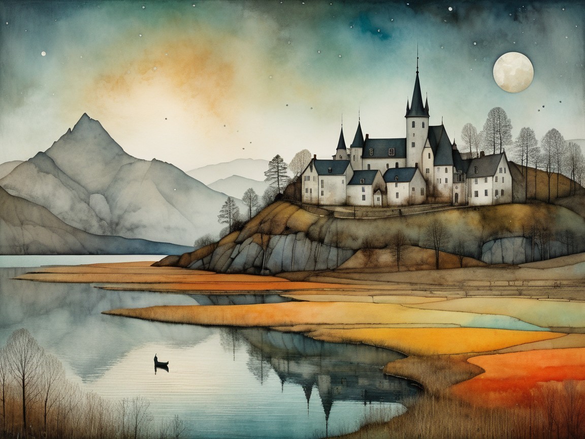 Serene landscape with whimsical castle and tranquil lake