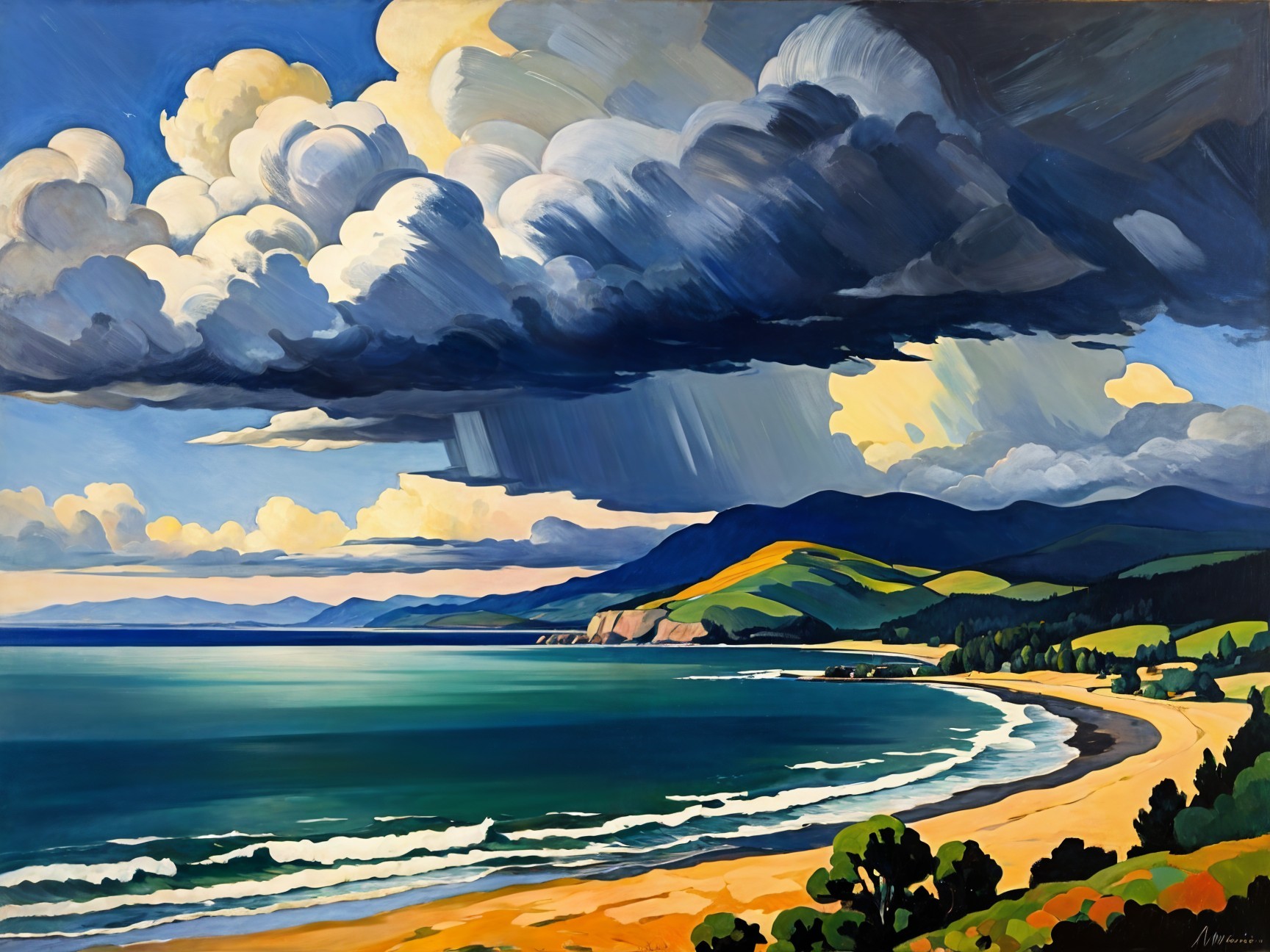 Coastal Scene with Dramatic Sky and Sandy Beach