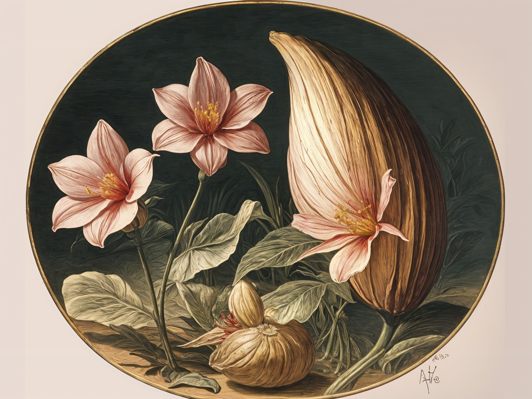 Botanical Illustration of Pink Flowers and Seed Pod
