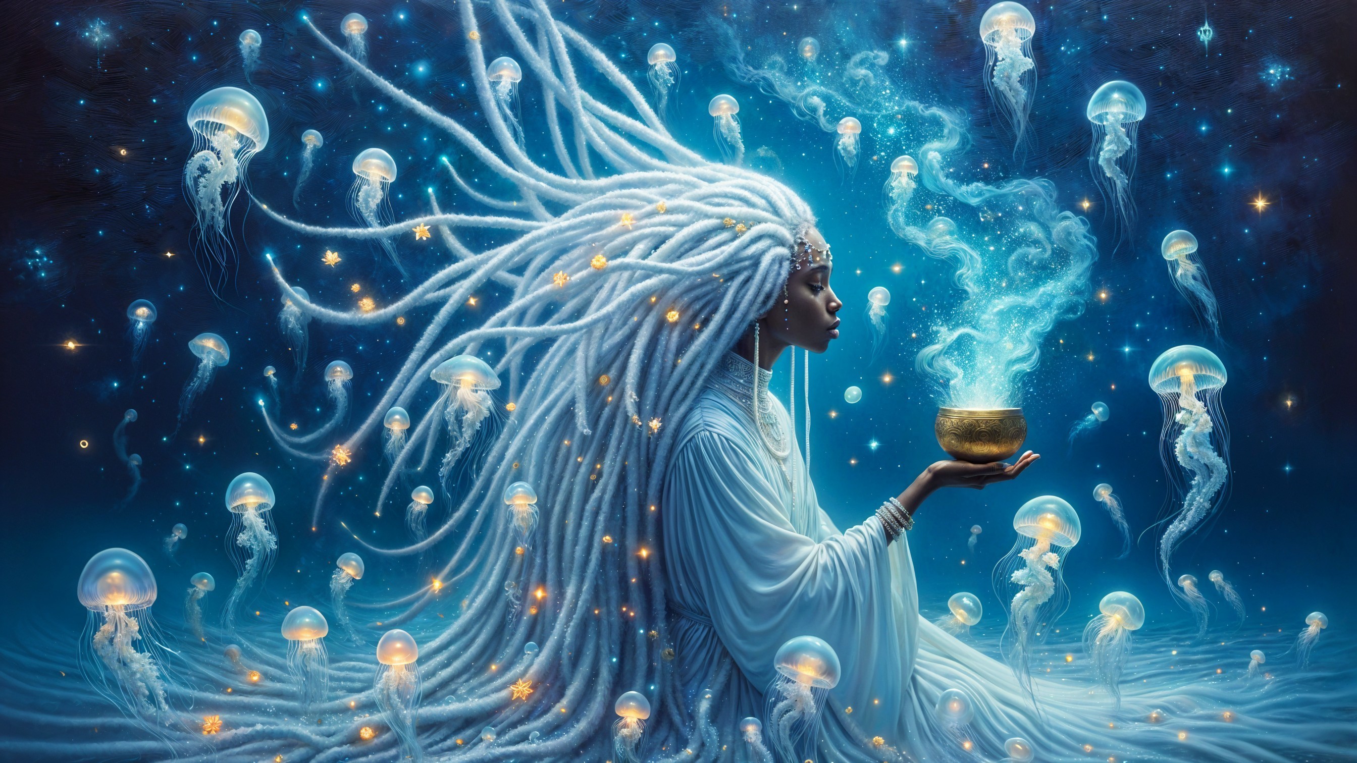 Ethereal Underwater Scene with Serene Figure and Jellyfish