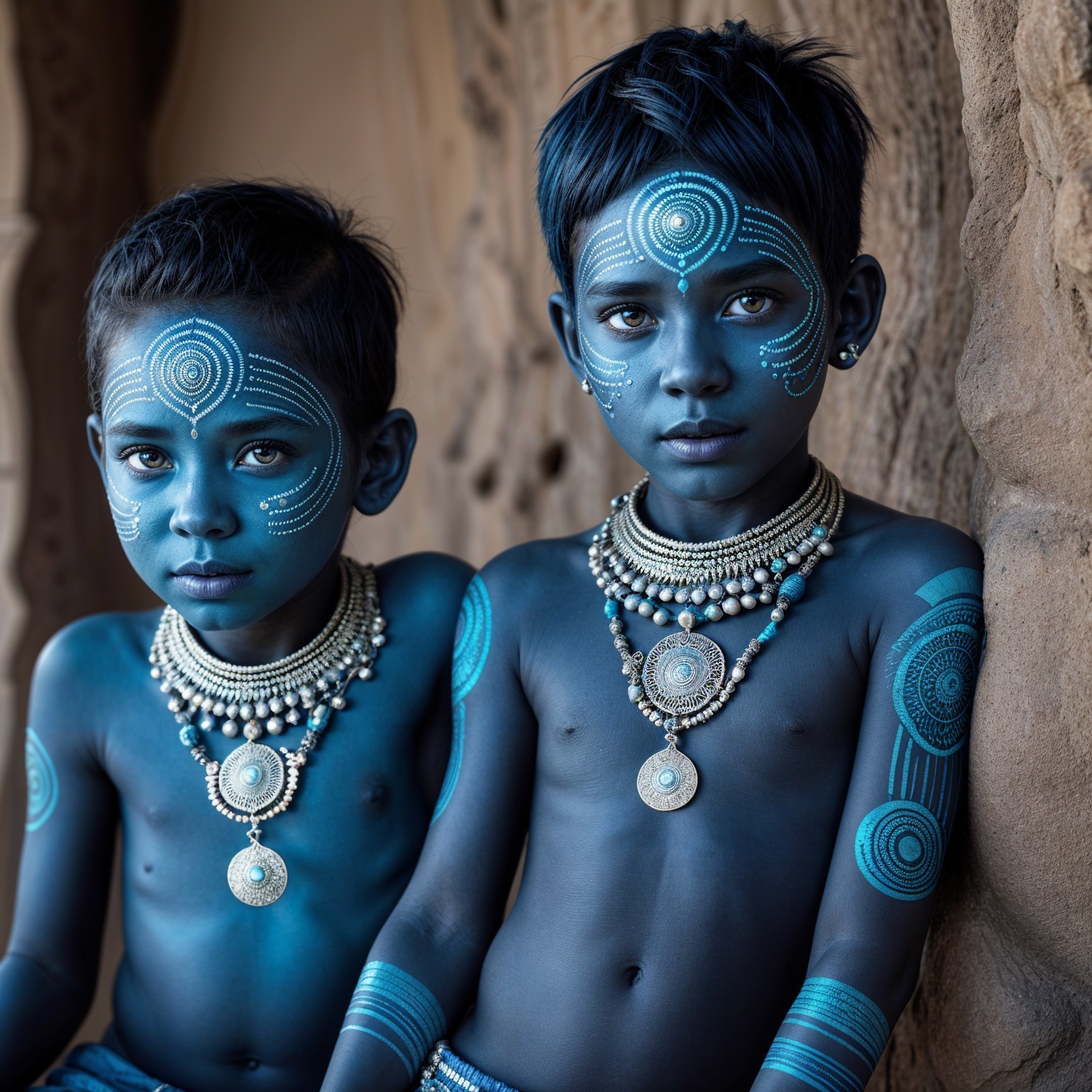 Boys with Blue Body Paint and Traditional Jewelry