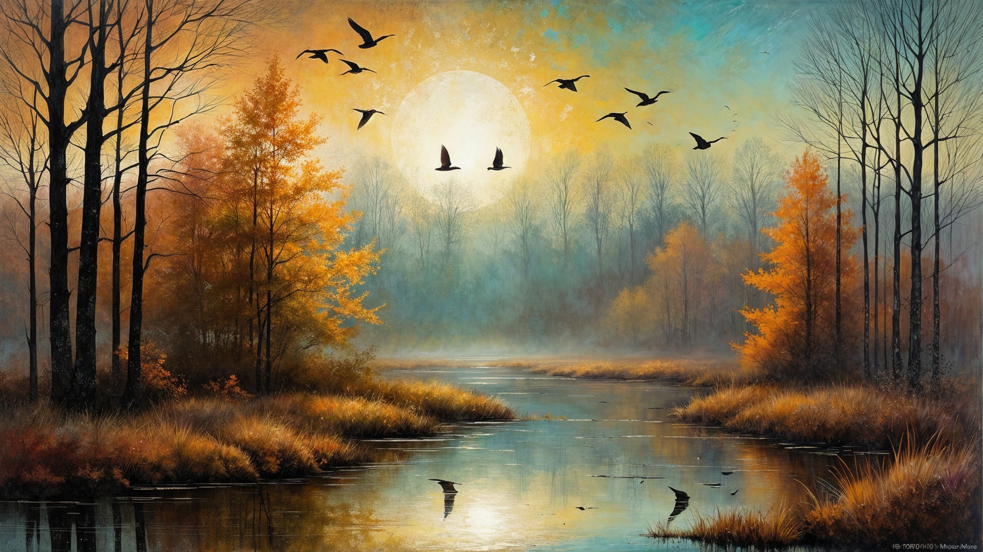 Autumn Landscape with River and Colorful Trees