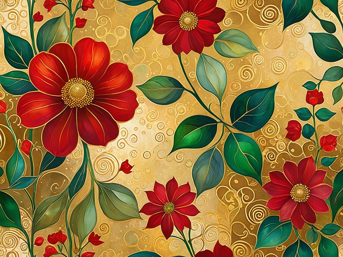 Vibrant Floral Pattern with Red Flowers and Gold Accents