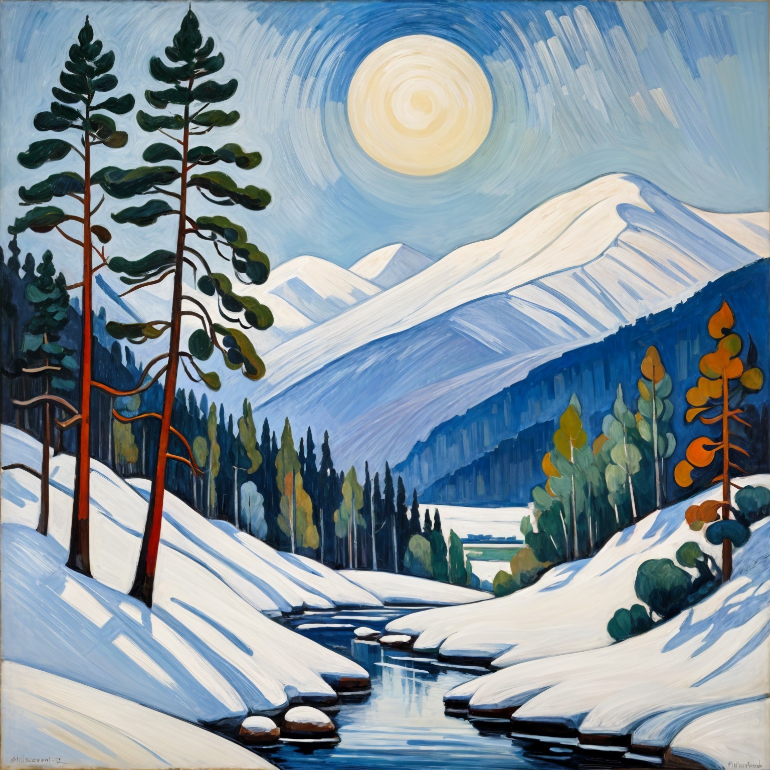 Serene Winter Landscape with Pine Trees and Mountains