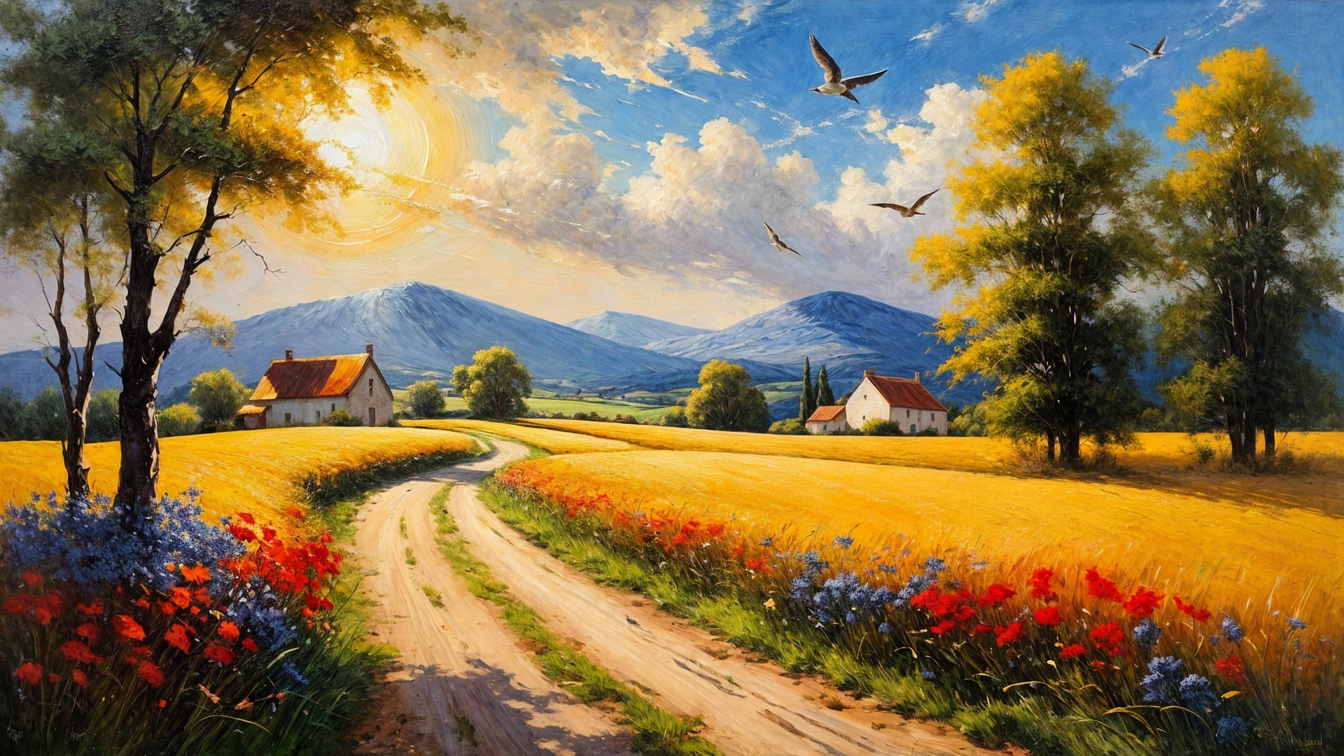 Vibrant Countryside with Dirt Road and Blooming Flowers