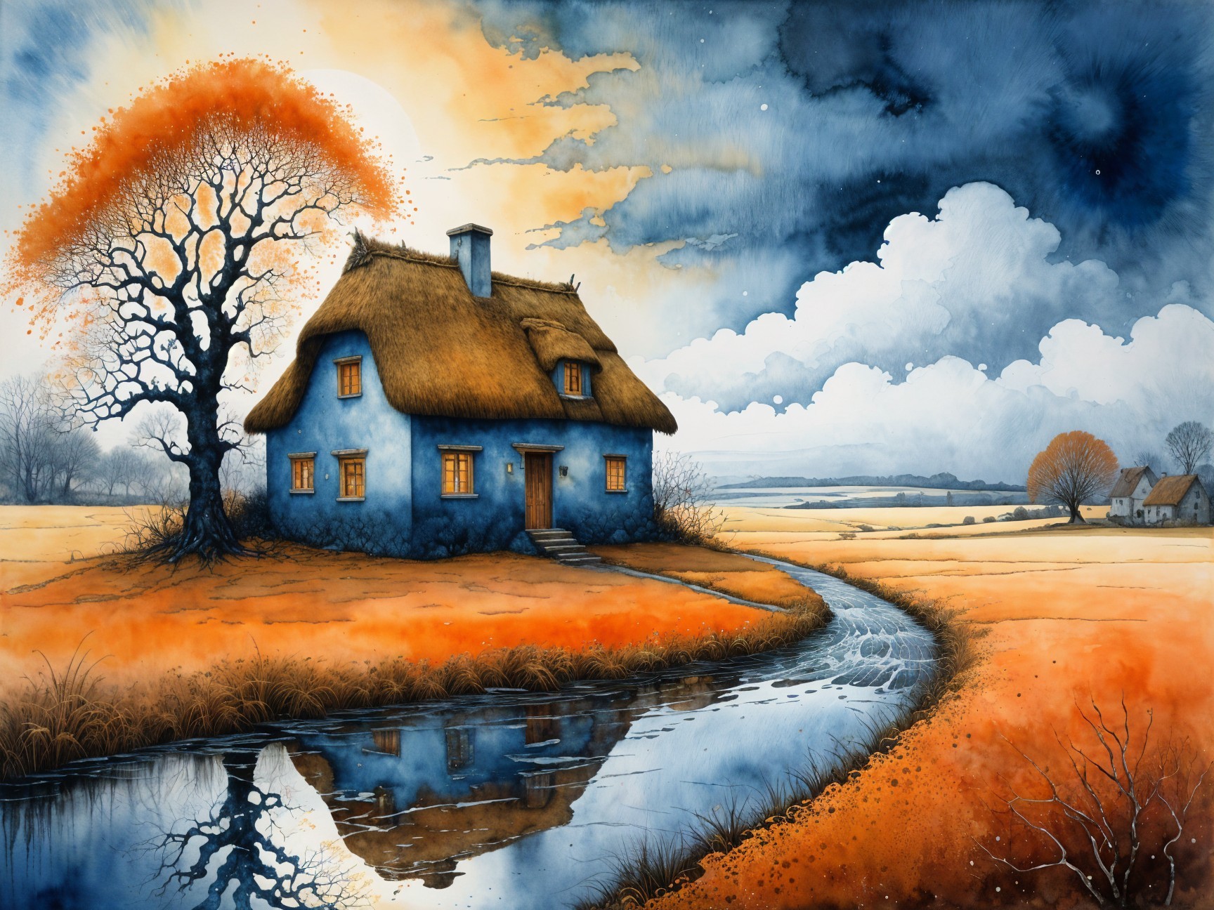 Serene Landscape with Blue Cottage and Autumn Foliage