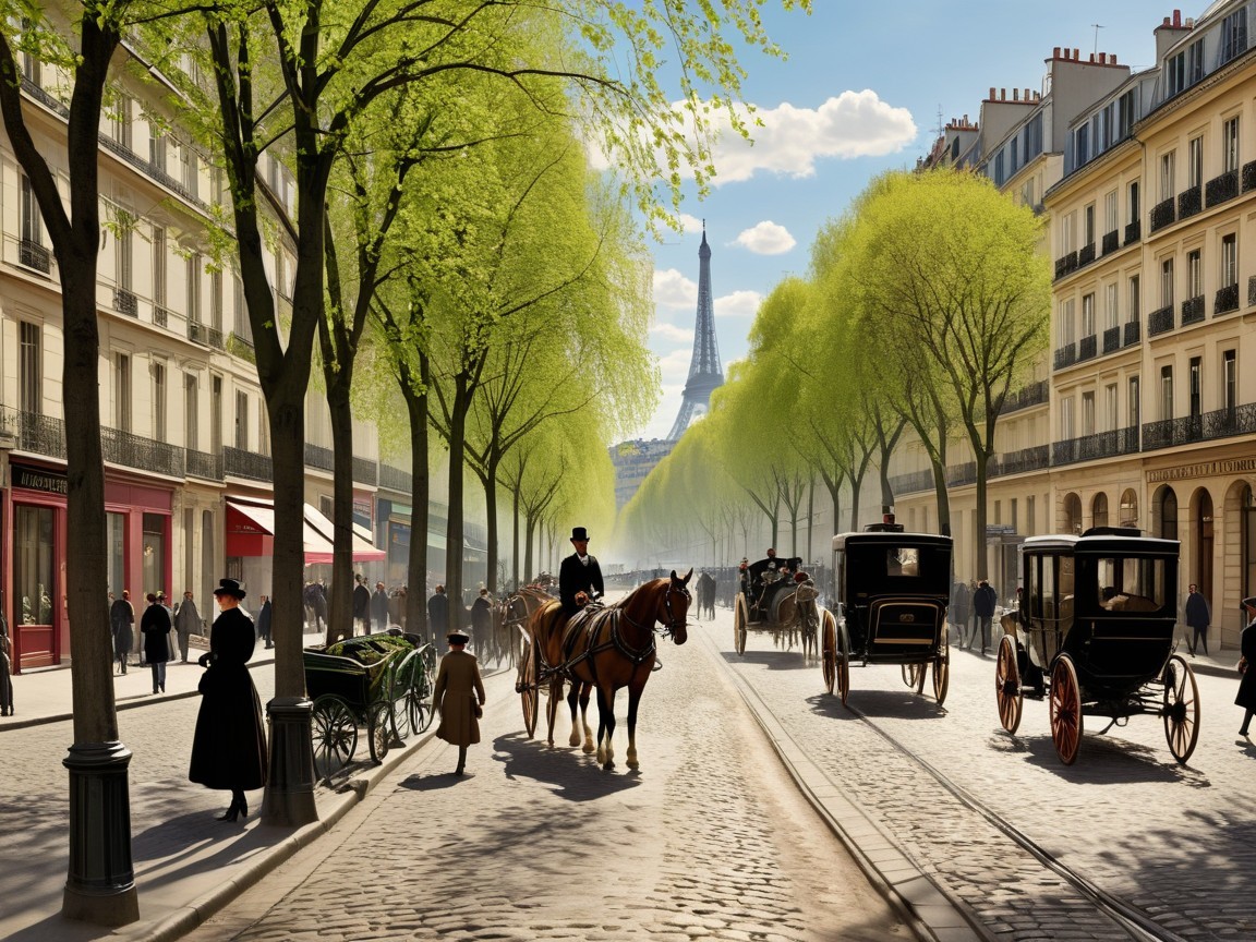Historic Parisian Street with Carriages and Eiffel Tower