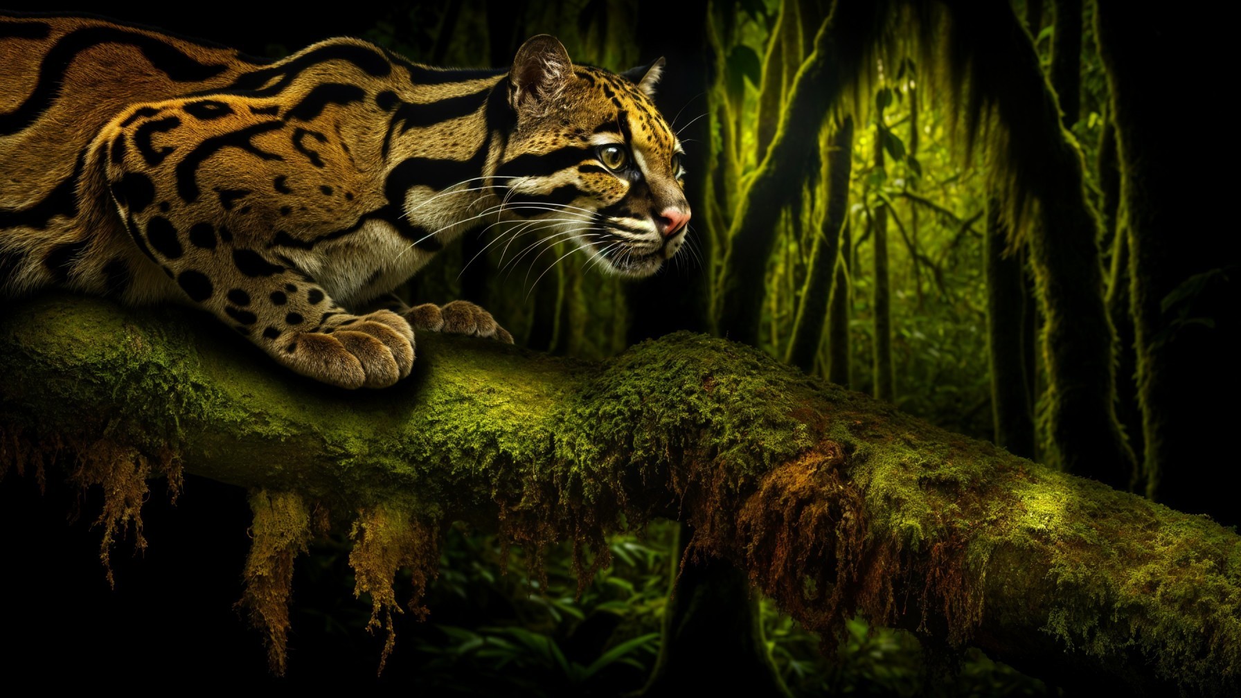 Wild Cat Resting on Mossy Branch in Rainforest