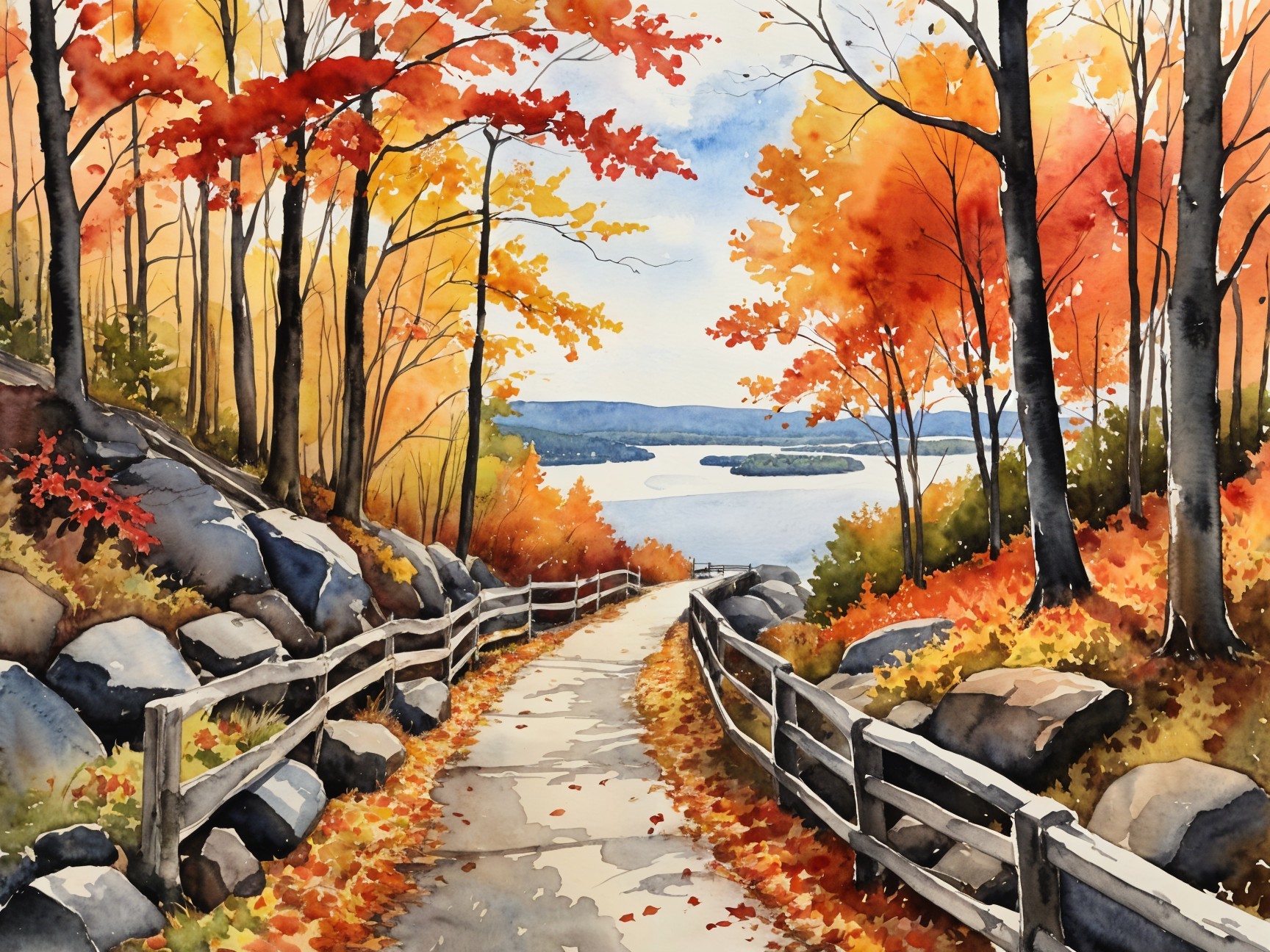 Autumn Pathway with Colorful Foliage and Lake View