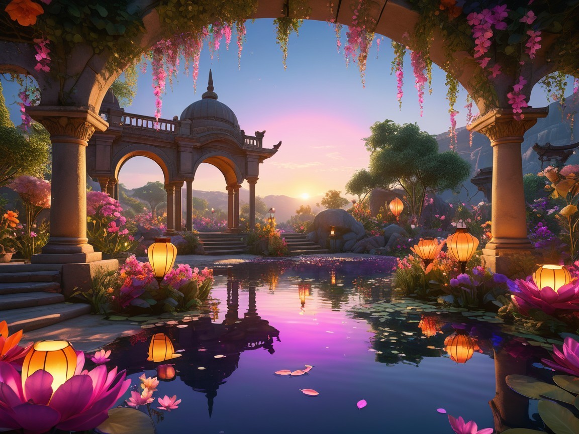 Serene garden at sunset with arches and lanterns