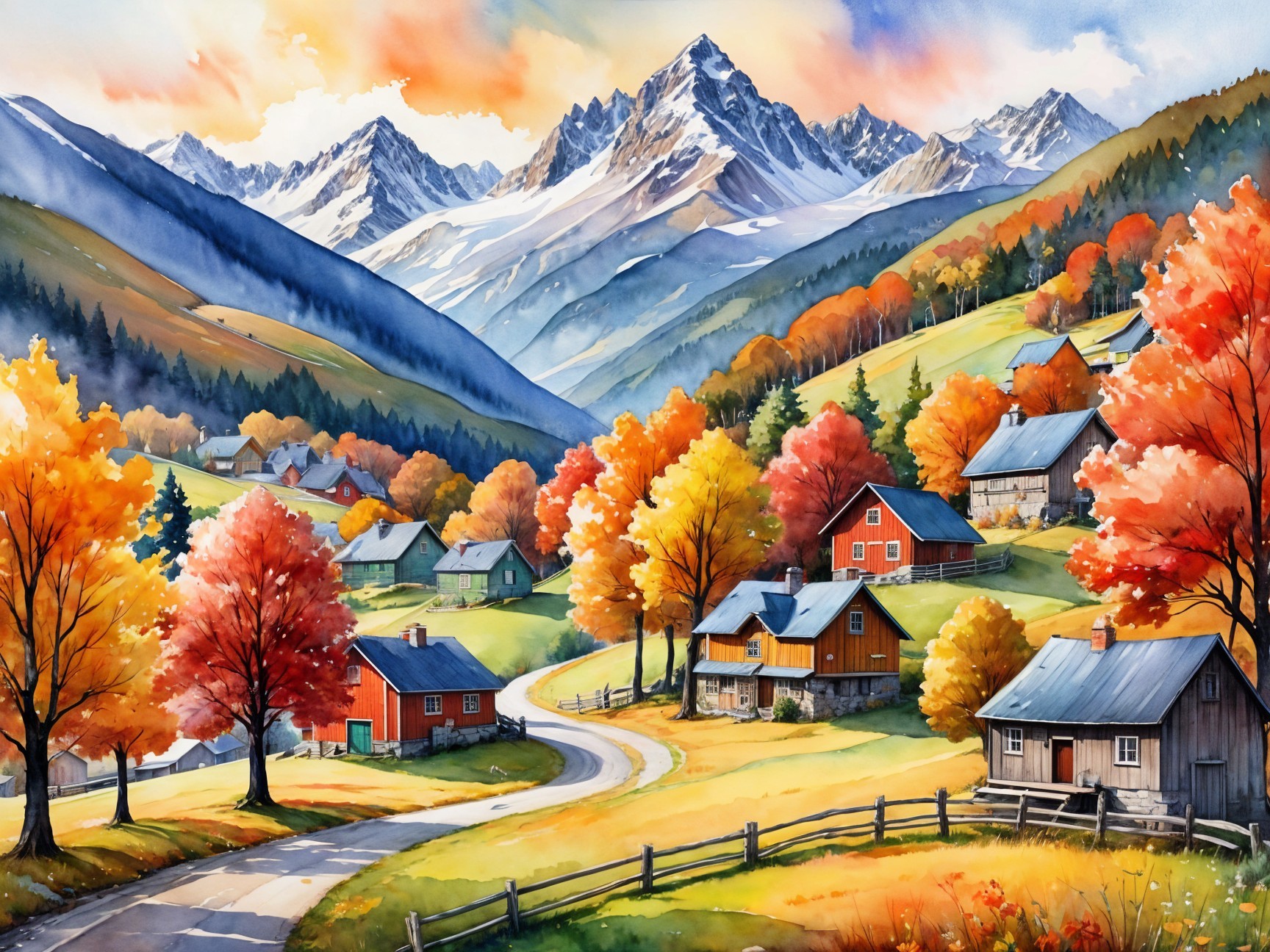 Vibrant Autumn Landscape with Charming Houses and Mountains