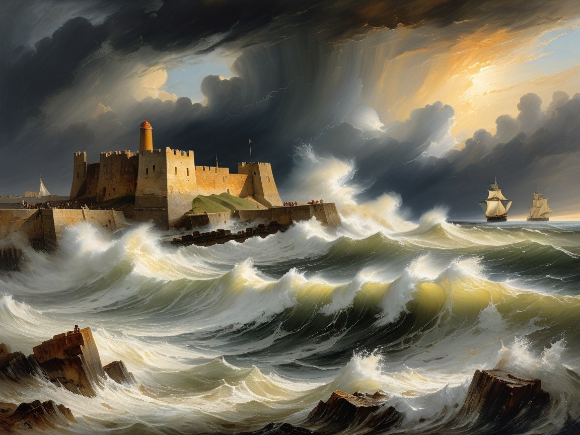 Dramatic Seascape with Castle and Stormy Waters