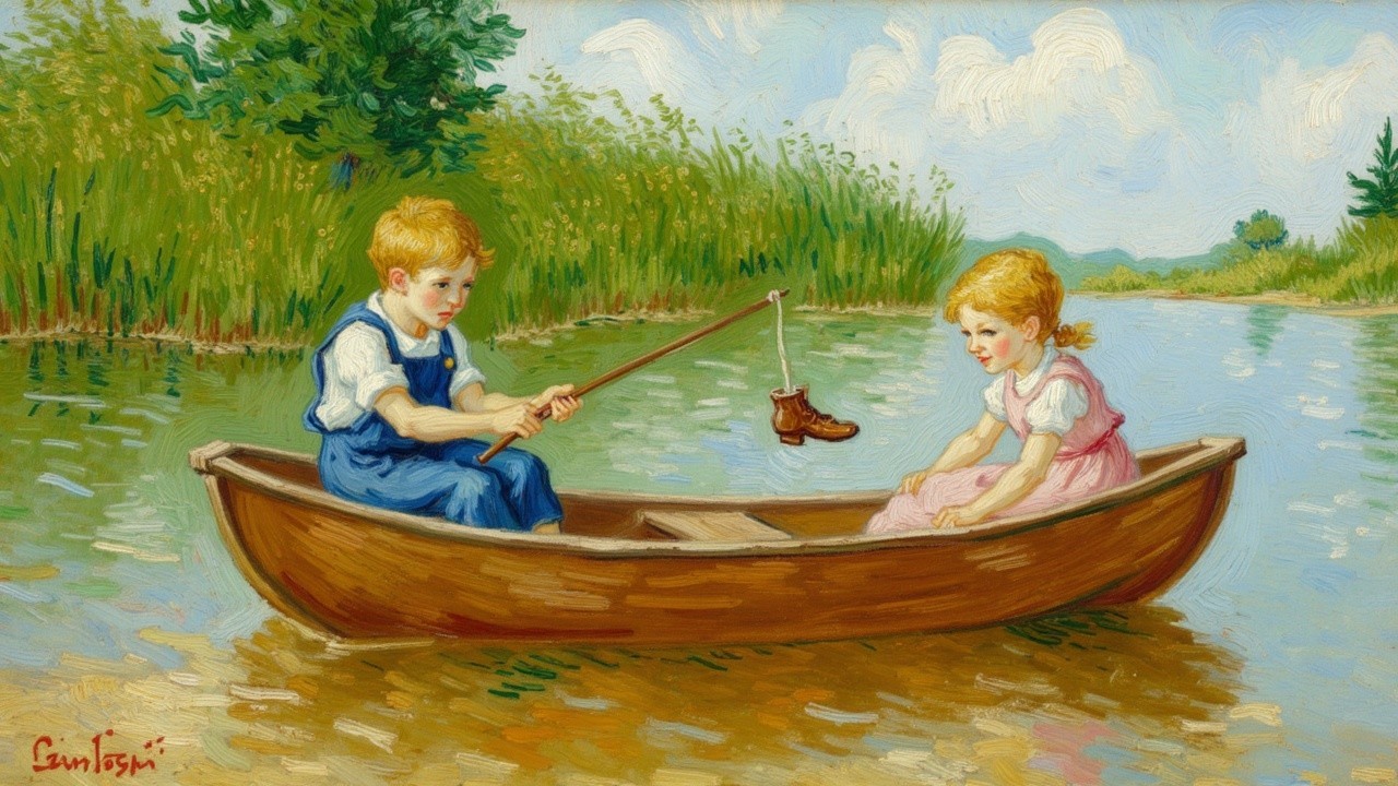 Children Fishing in a Wooden Boat on a Quiet River