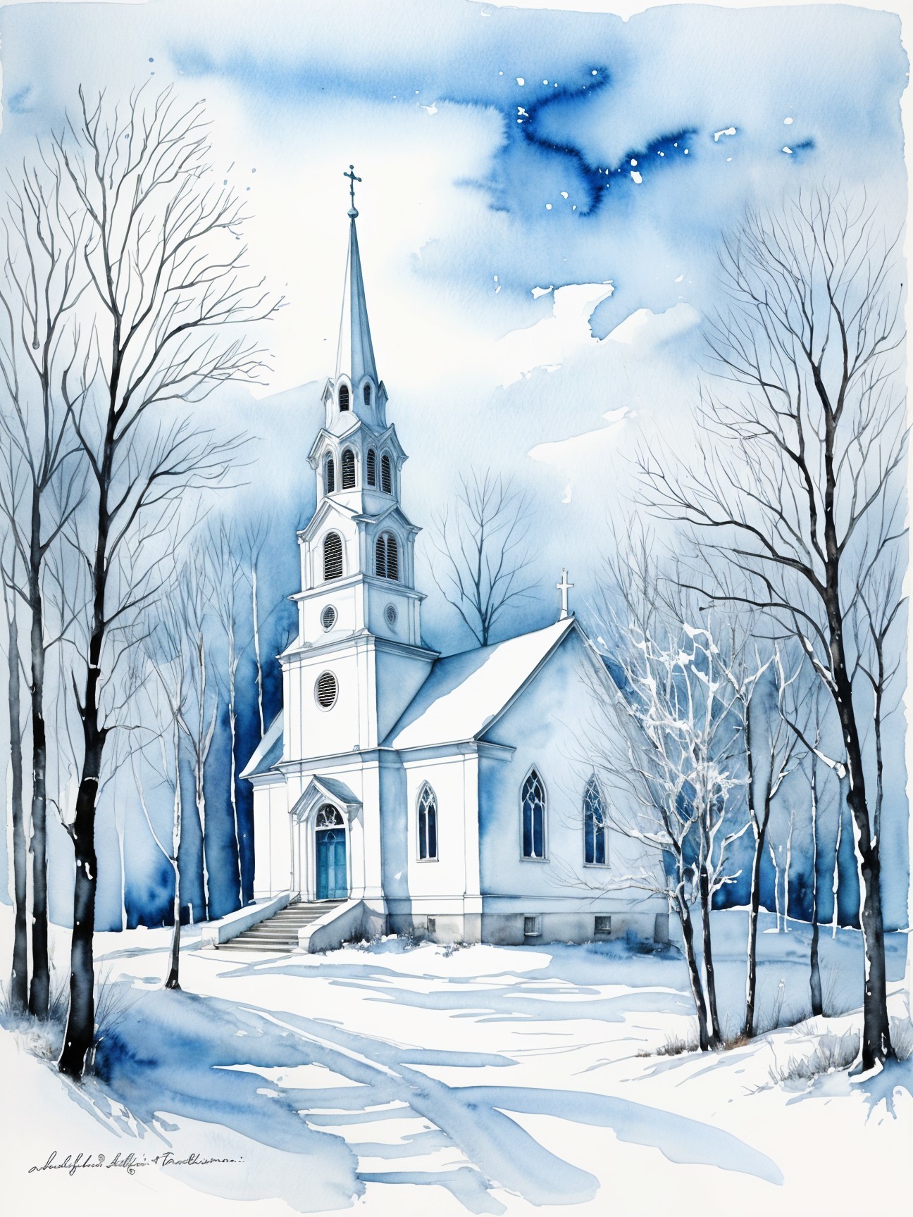 Serene Winter Scene with Church and Snowy Landscape