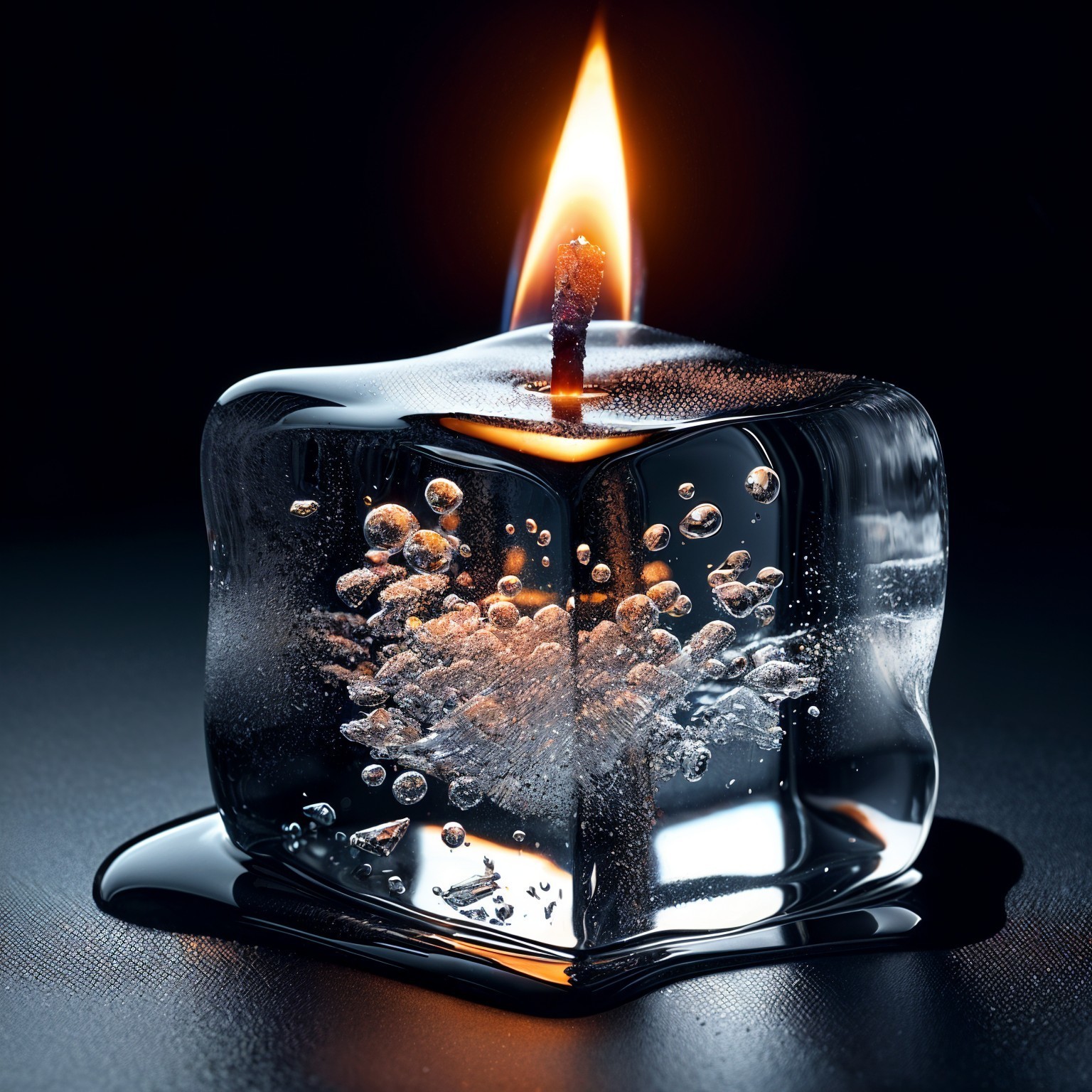Ice Cube with Flame and Bubbles on Dark Surface