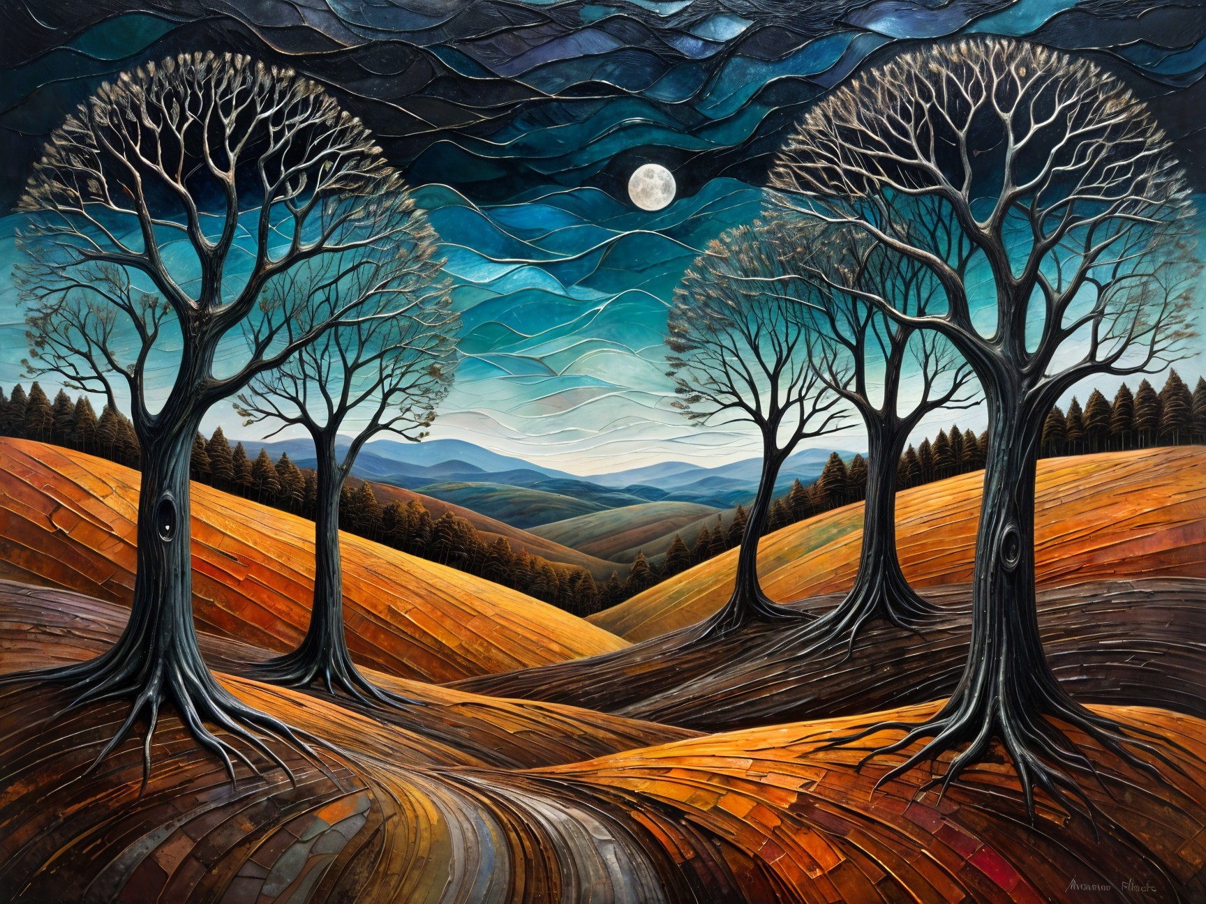 Surreal Landscape with Autumn Hues and Moonlight
