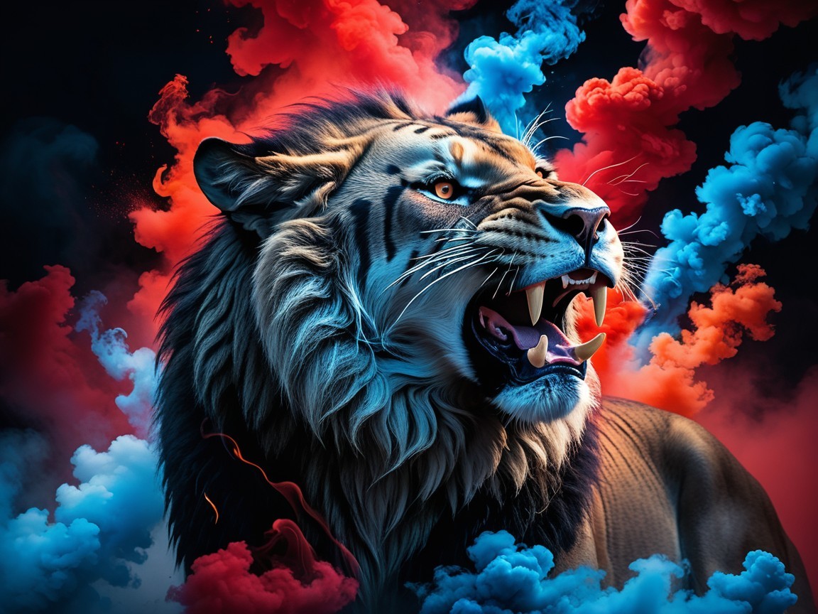 Tiger Roaring with Blue and Red Smoke Background