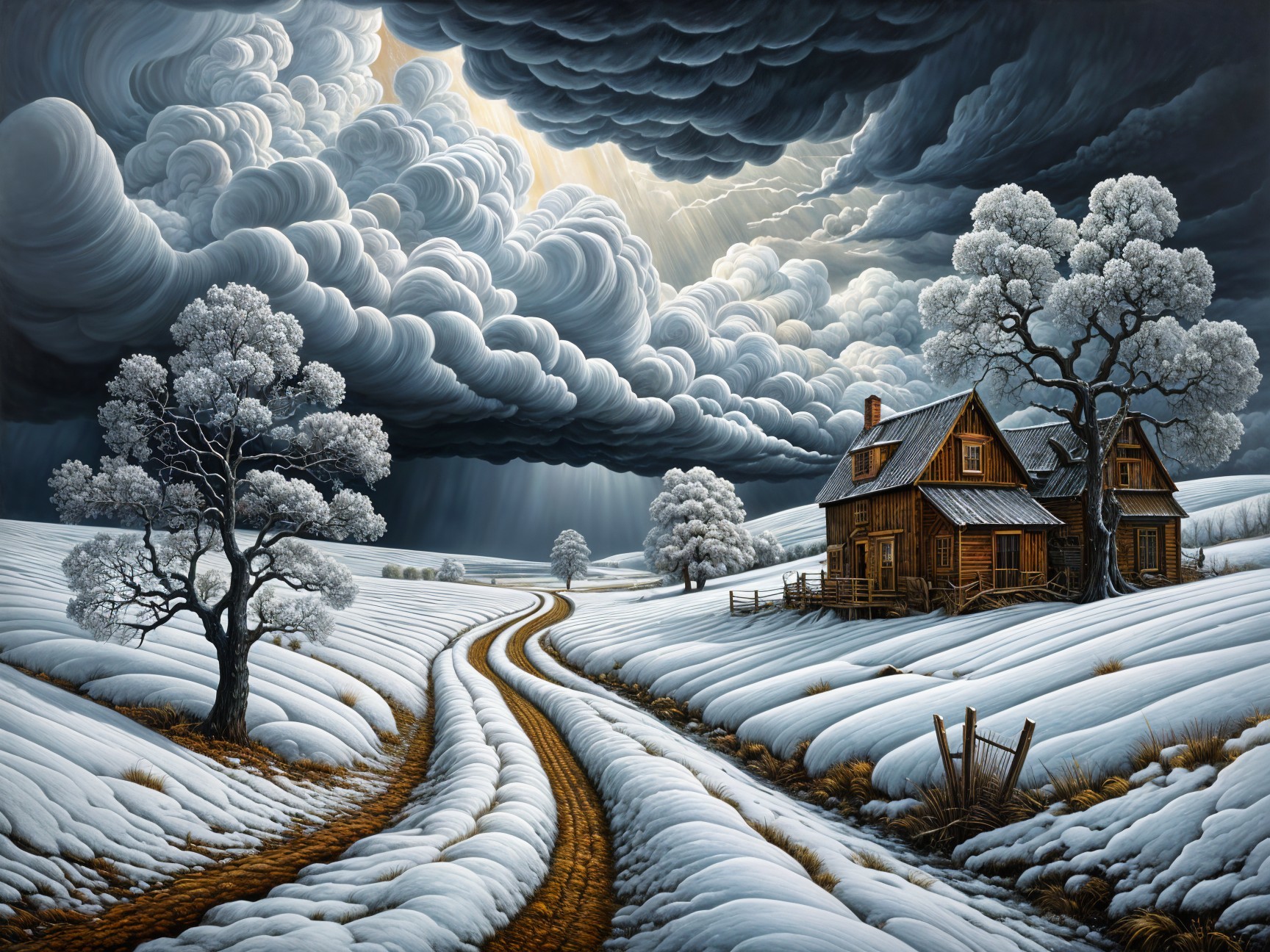 Winter Landscape with Cozy House and Snowy Fields