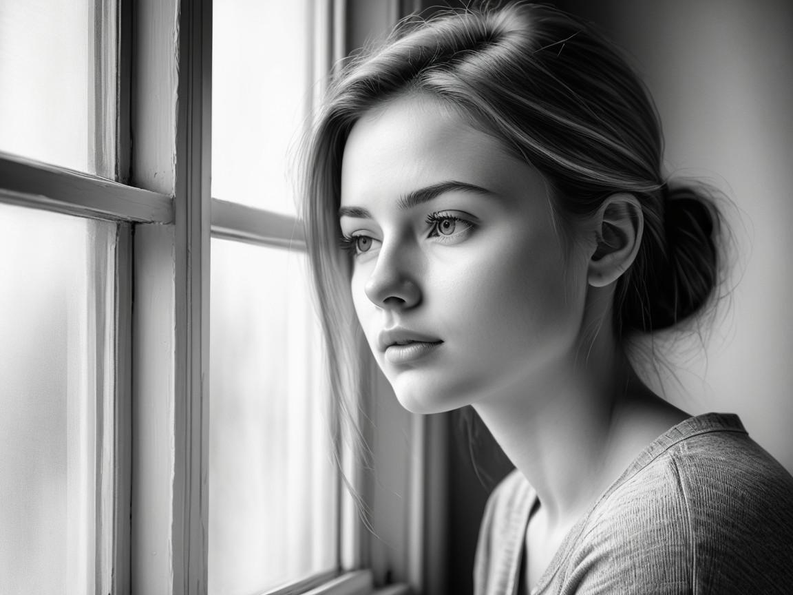 Young woman gazing thoughtfully from a window