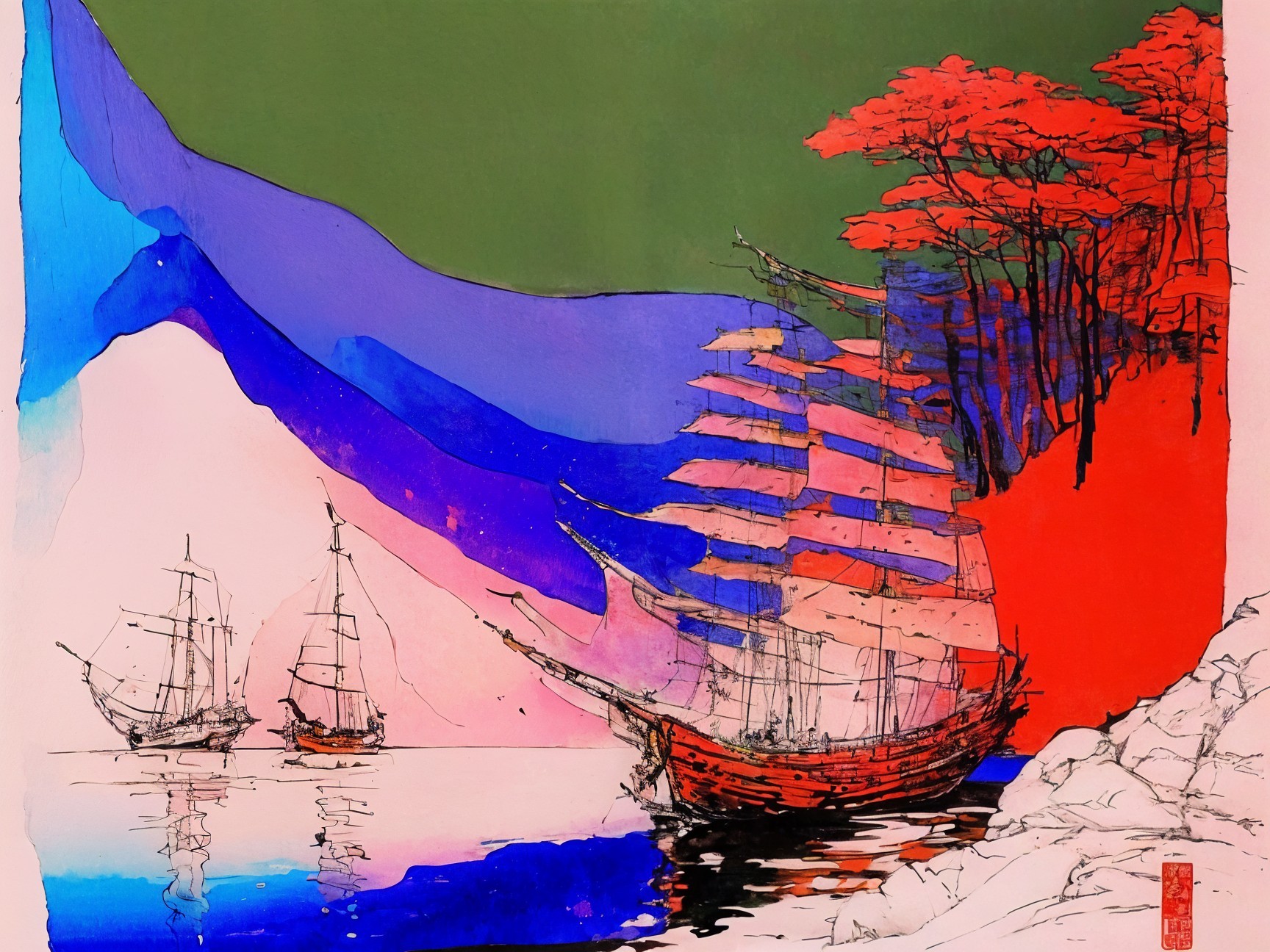 Vibrant Abstract Landscape with Ships and Bold Colors