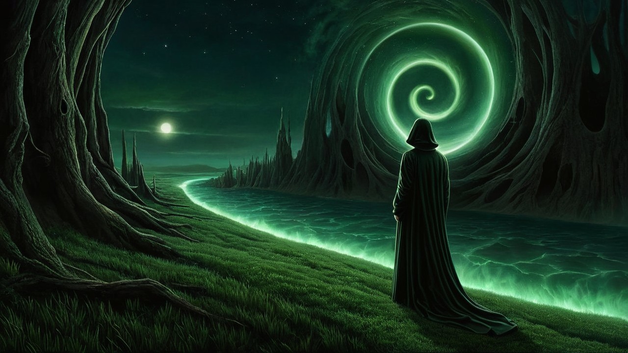 Cloaked Figure by River with Green Spiral Portal