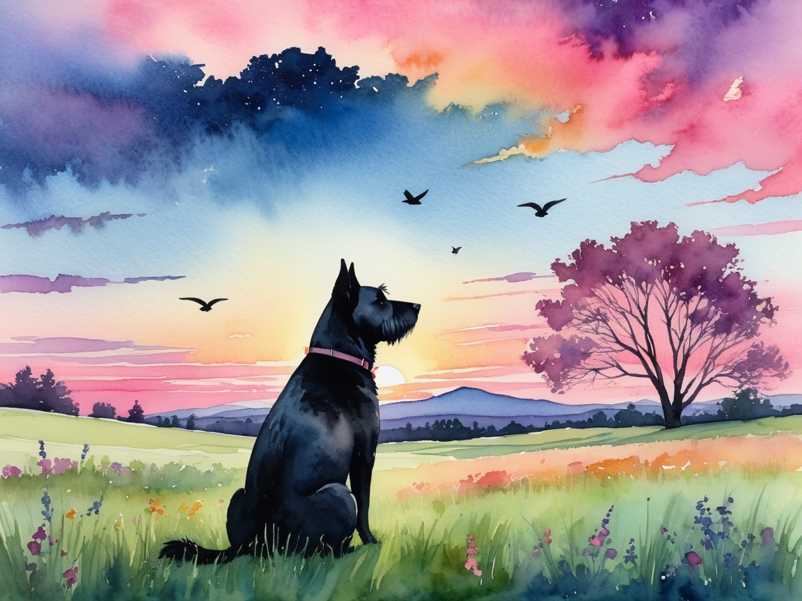 Serene sunset landscape with a black dog in a field