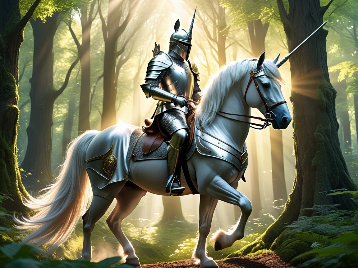 Knight on Unicorn in Sunlit Forest Setting