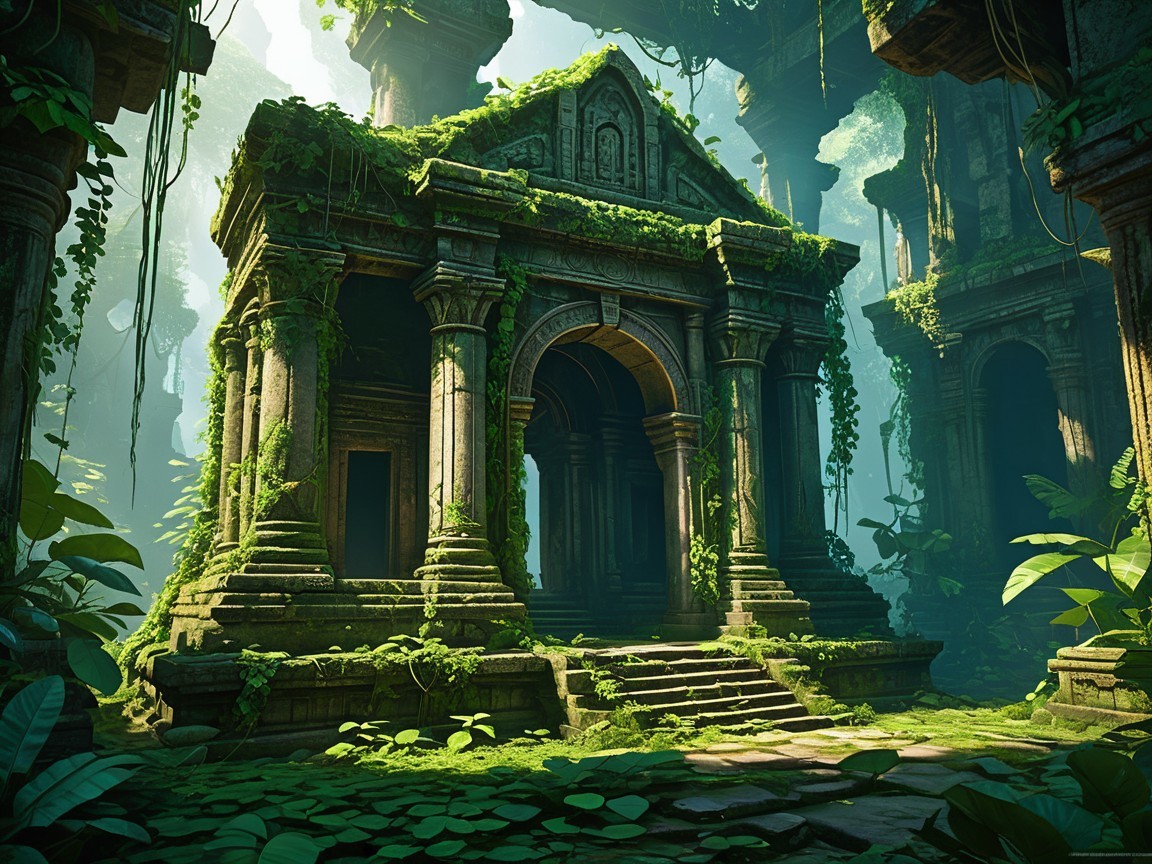 Ancient Temple Surrounded by Lush Greenery and Vines
