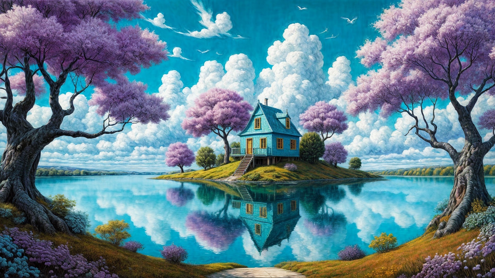 Quaint Blue House on Island Surrounded by Lake and Trees
