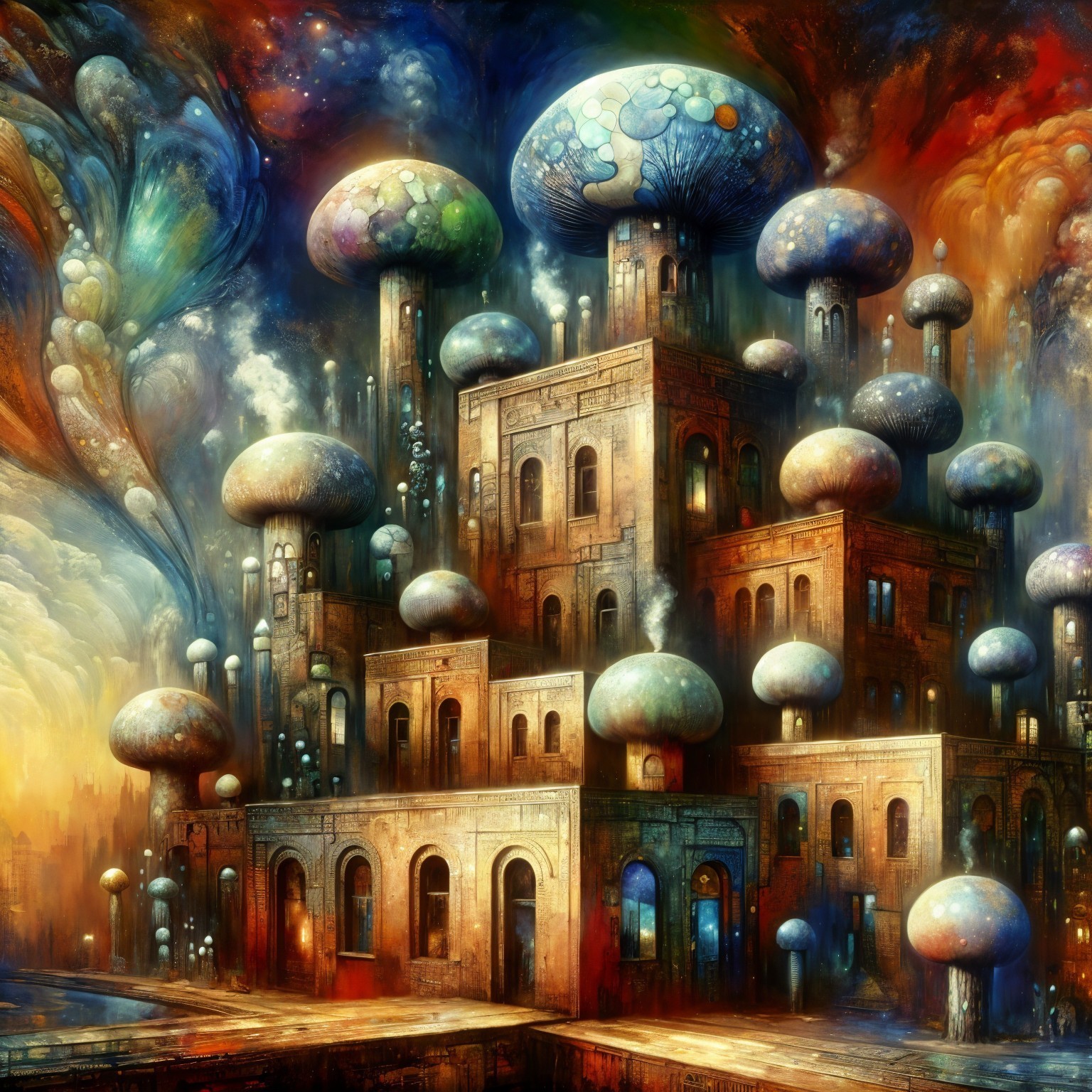 Vibrant Fantastical Landscape with Colorful Mushrooms