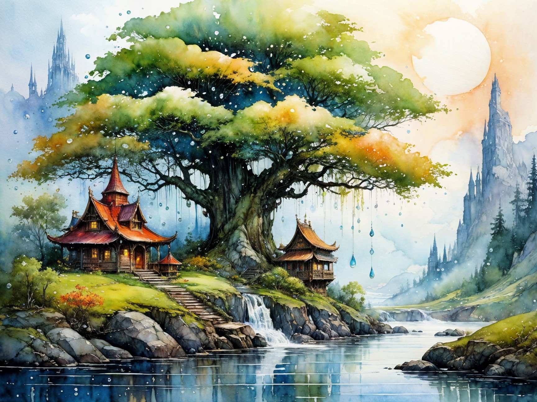Serene landscape with a majestic tree and colorful houses