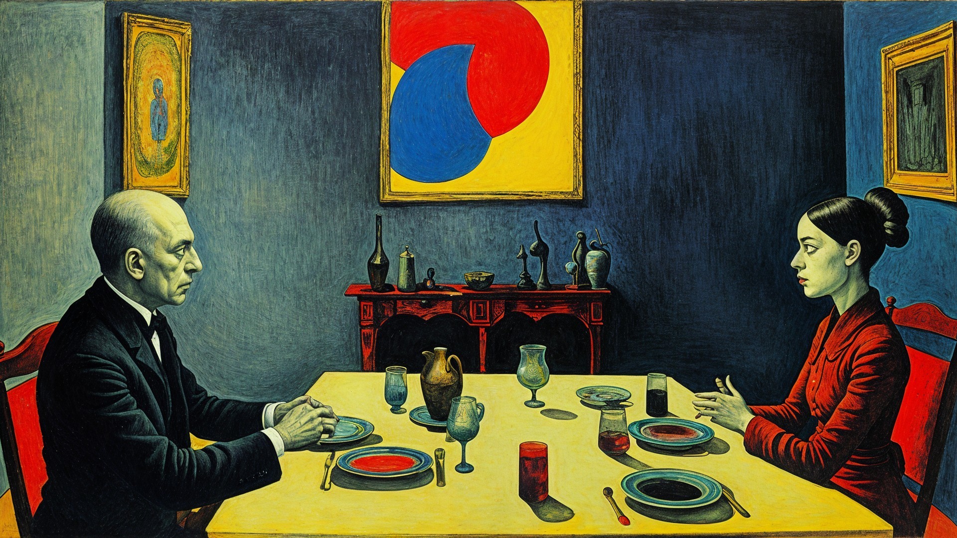 Tense Dinner Scene with Colorful Table Setting
