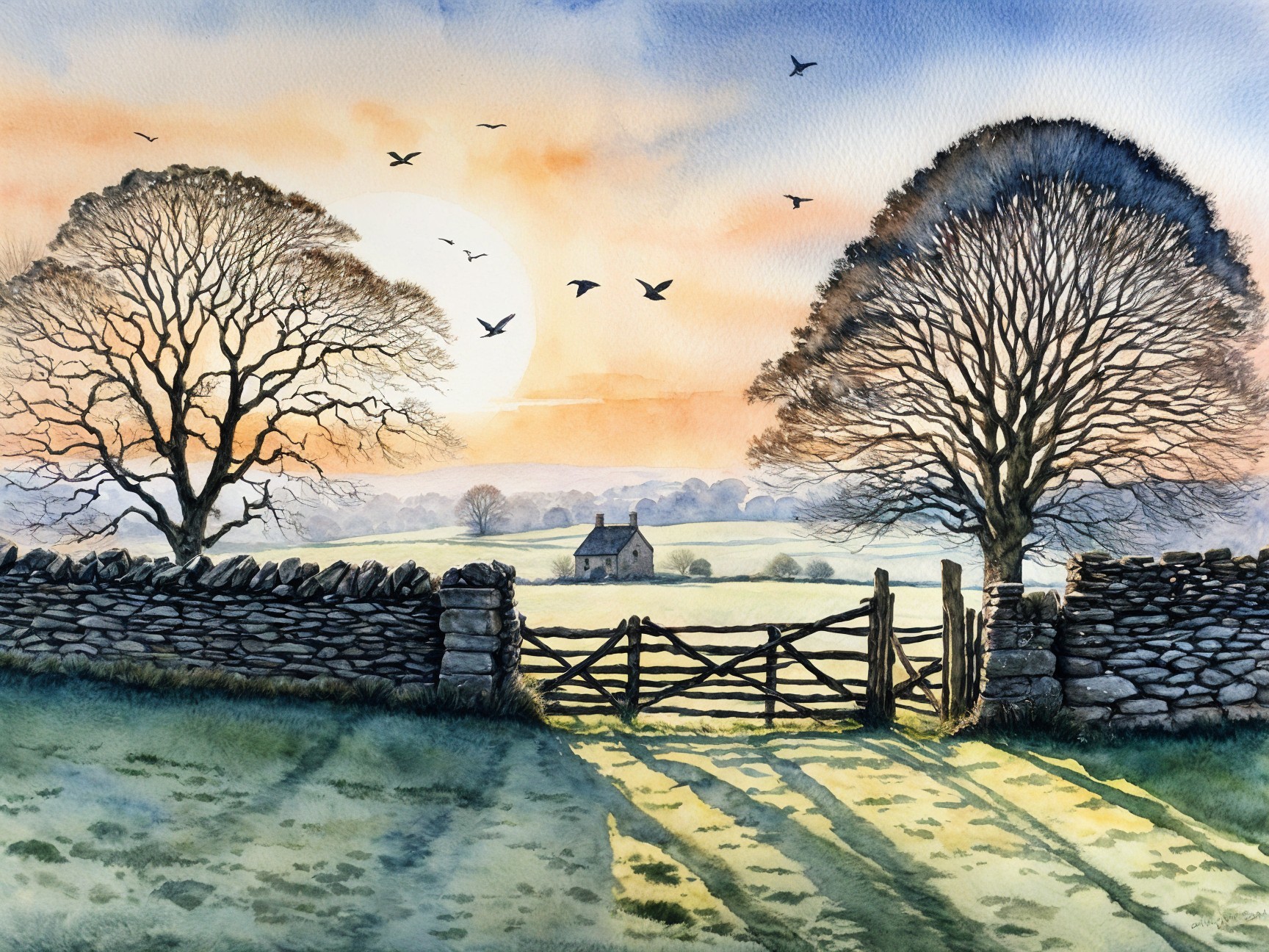 Watercolor of a serene sunrise landscape with farmhouse