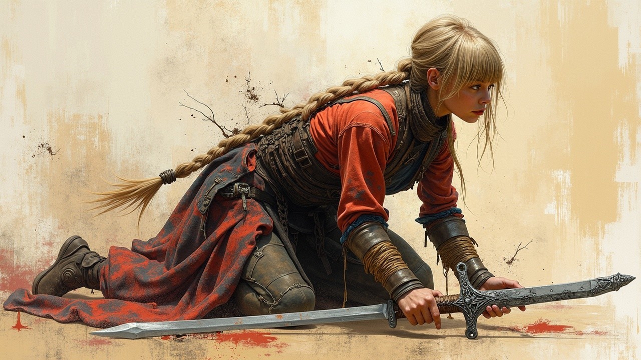 Young Warrior in Armor with Sword and Earthy Backdrop